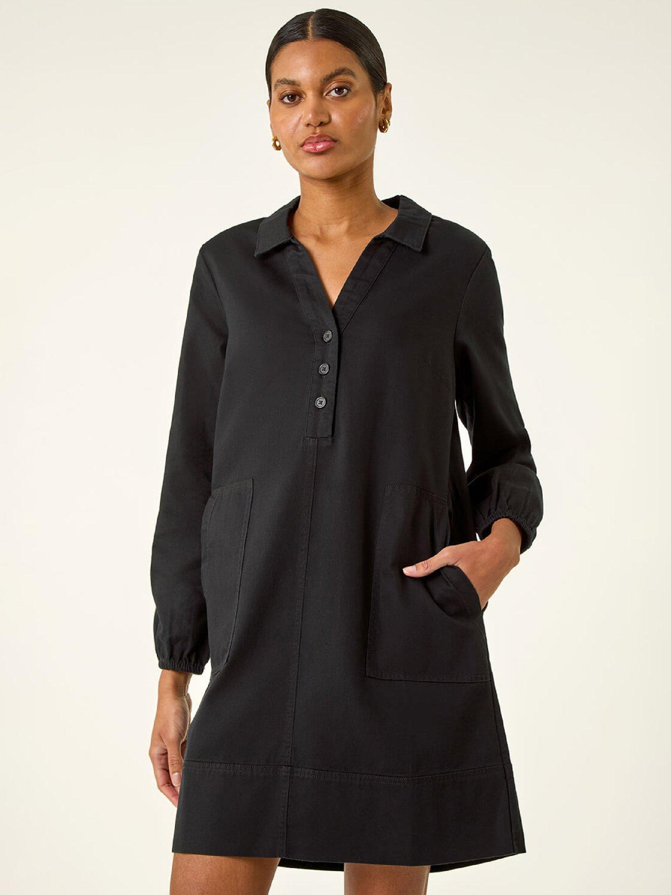front image of roman-collared-shift-shirt-dress-black