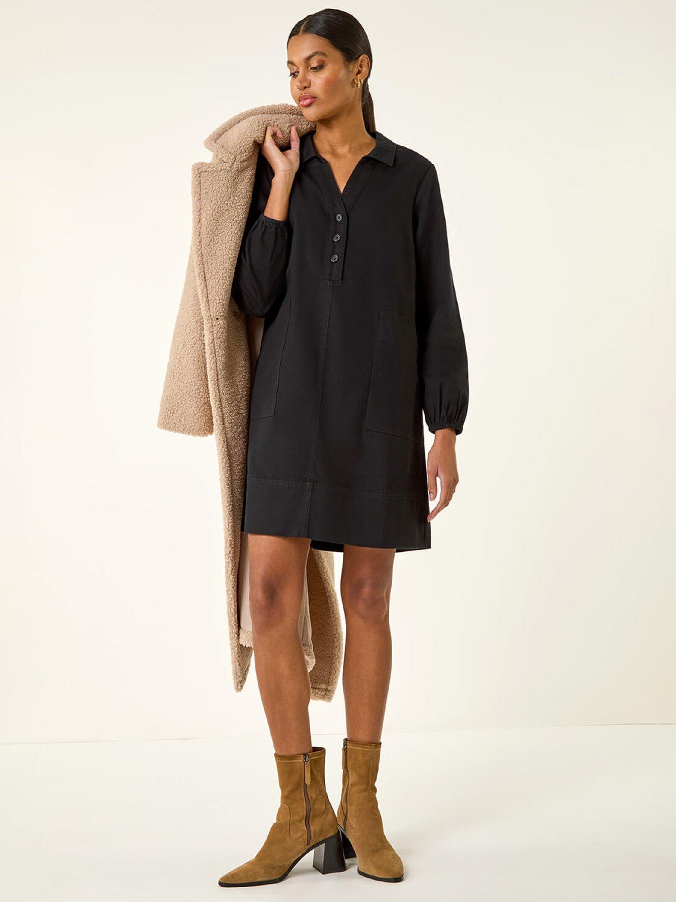  image of roman-collared-shift-shirt-dress-black