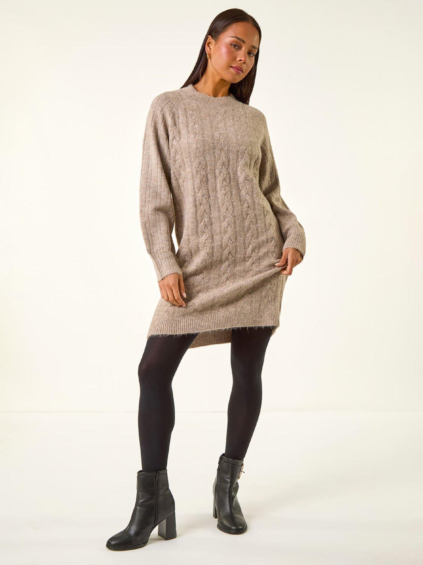 front image of roman-petite-cable-knit-shift-dress-stone