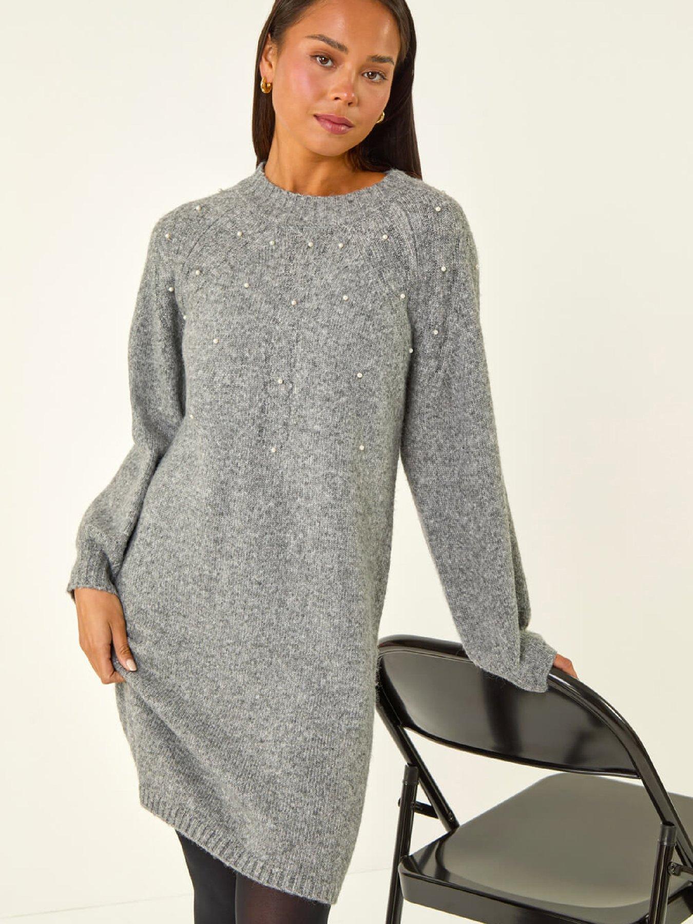 Image 1 of 5 of Roman Petite Faux Pearl Knit Dress - Grey
