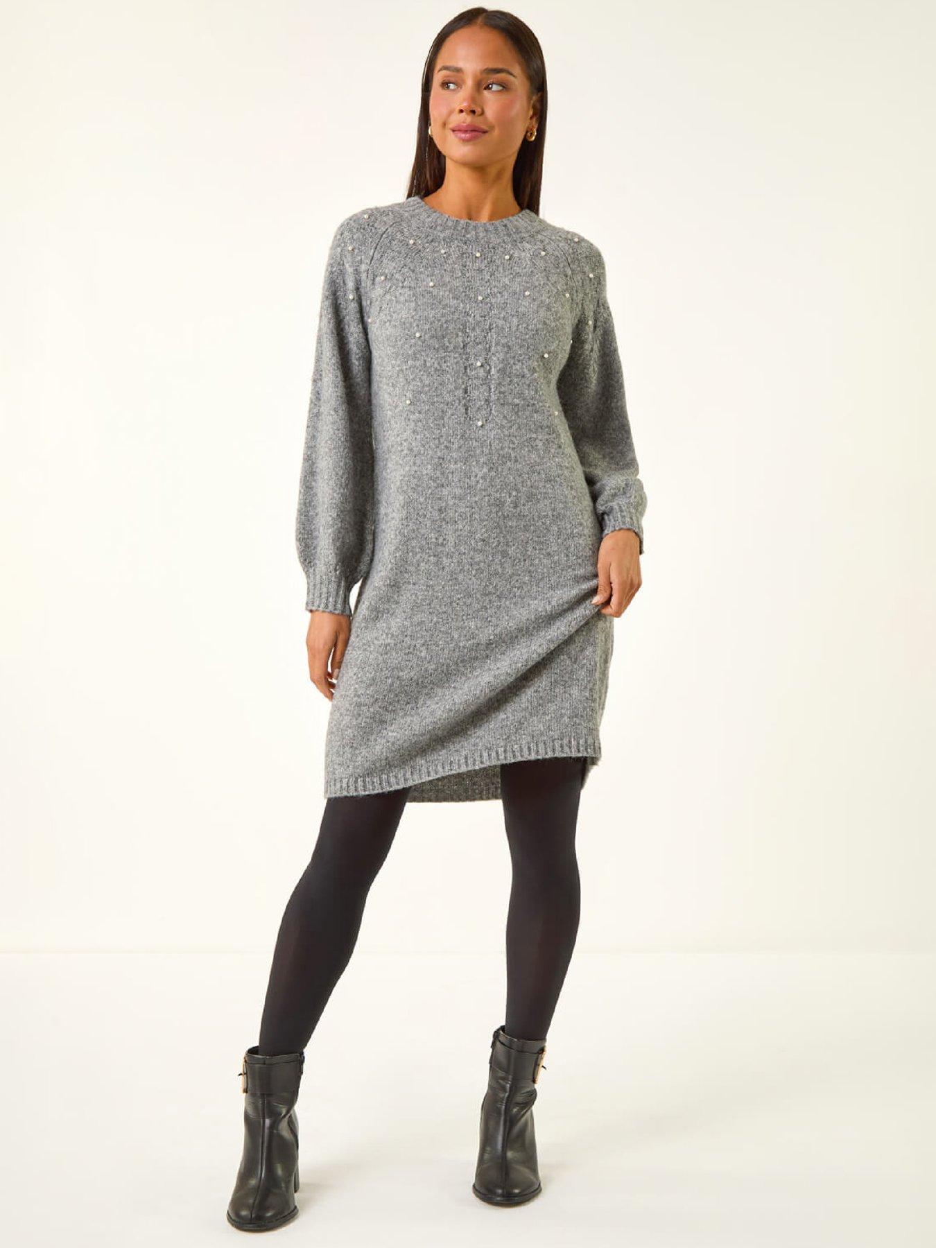 Image 3 of 5 of Roman Petite Faux Pearl Knit Dress - Grey