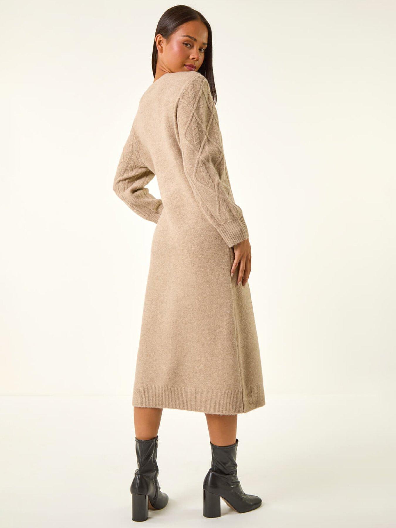  image of roman-petite-v-neck-knit-midi-dress-beige