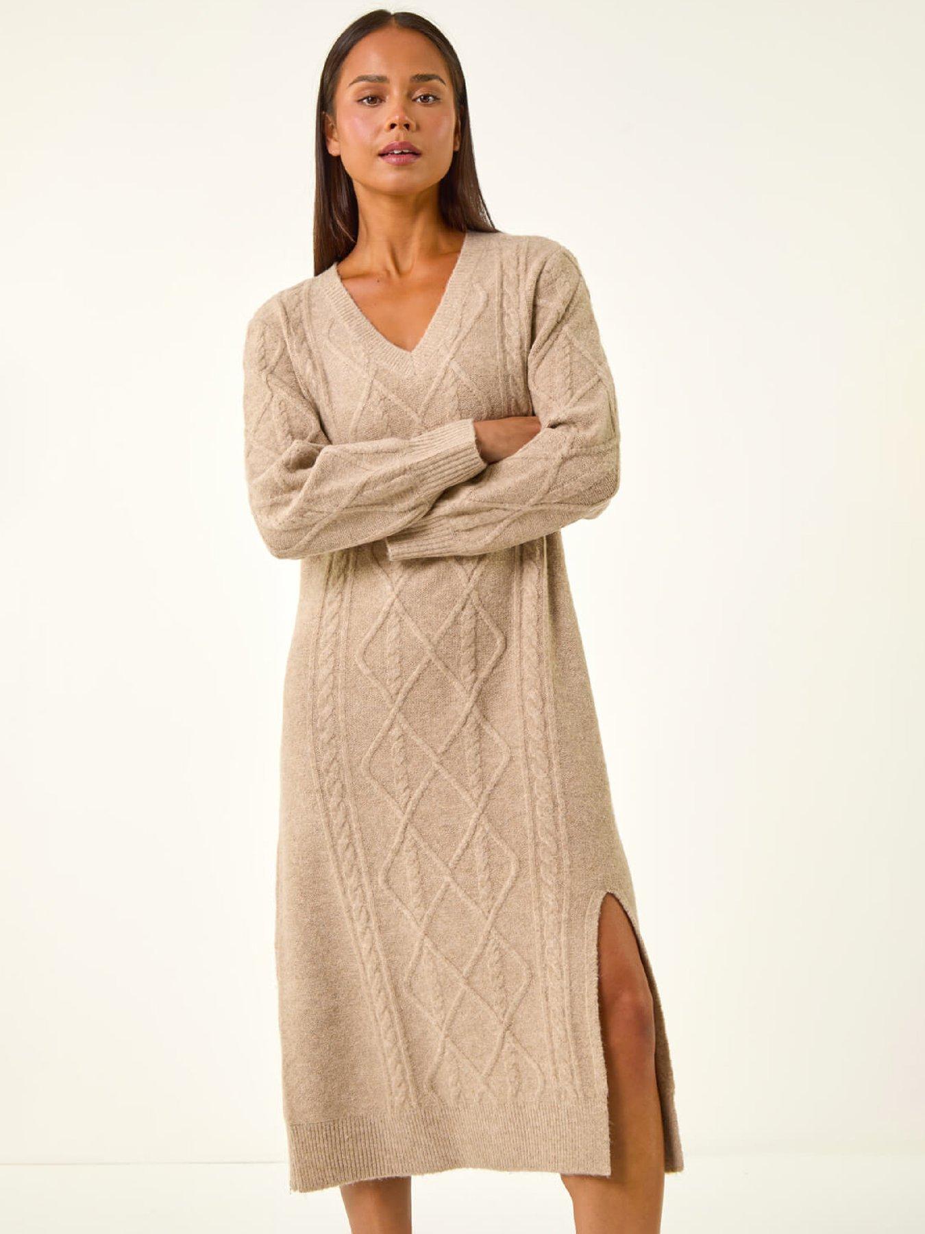  image of roman-petite-v-neck-knit-midi-dress-beige