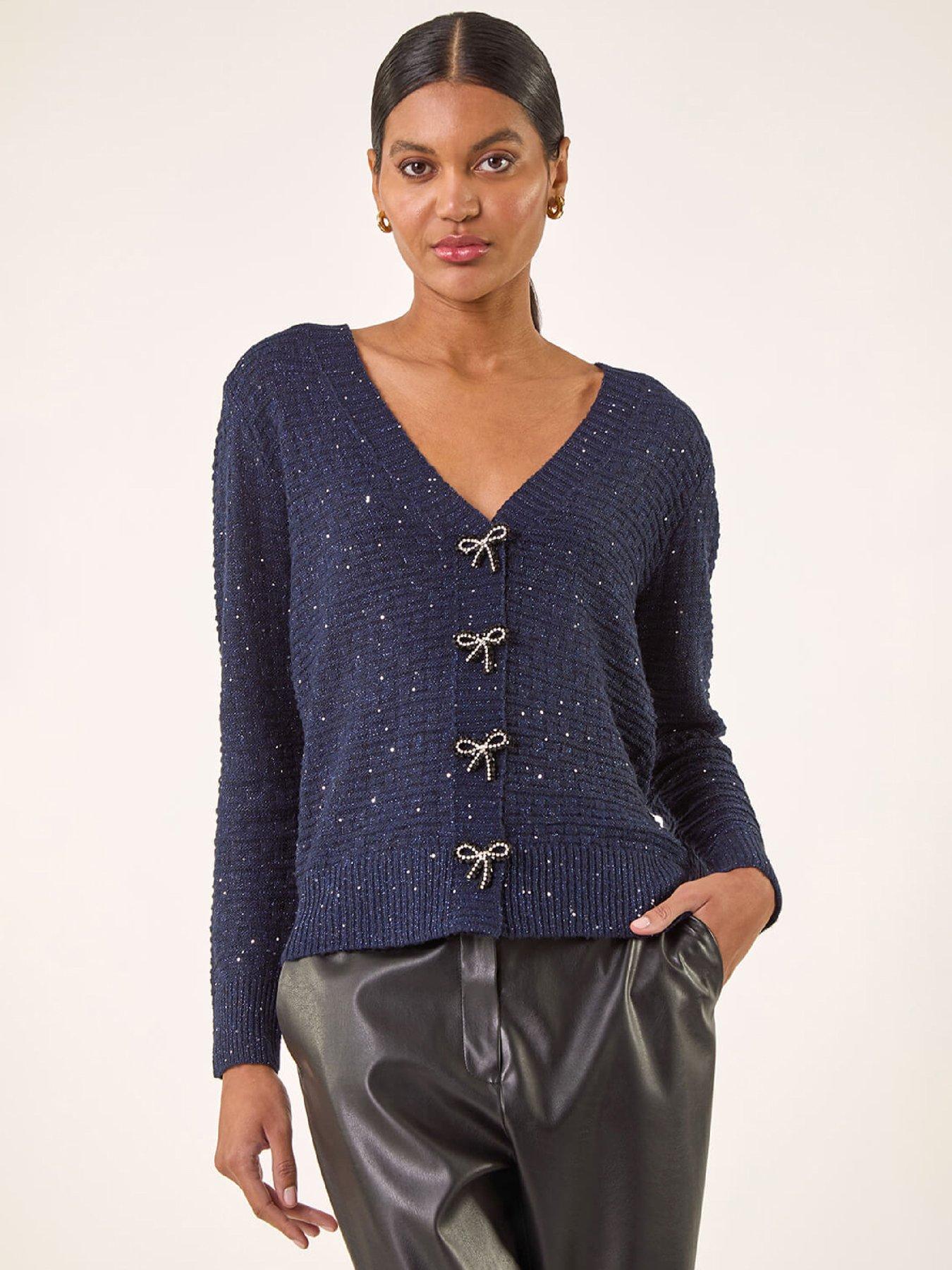front image of roman-bow-embellished-sequin-knit-cardigan-navy