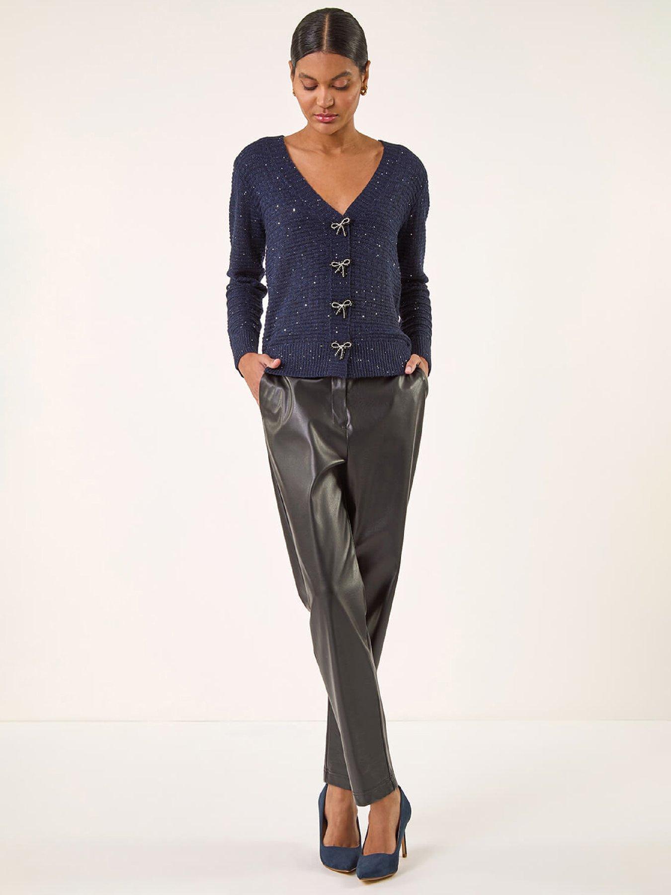  image of roman-bow-embellished-sequin-knit-cardigan-navy
