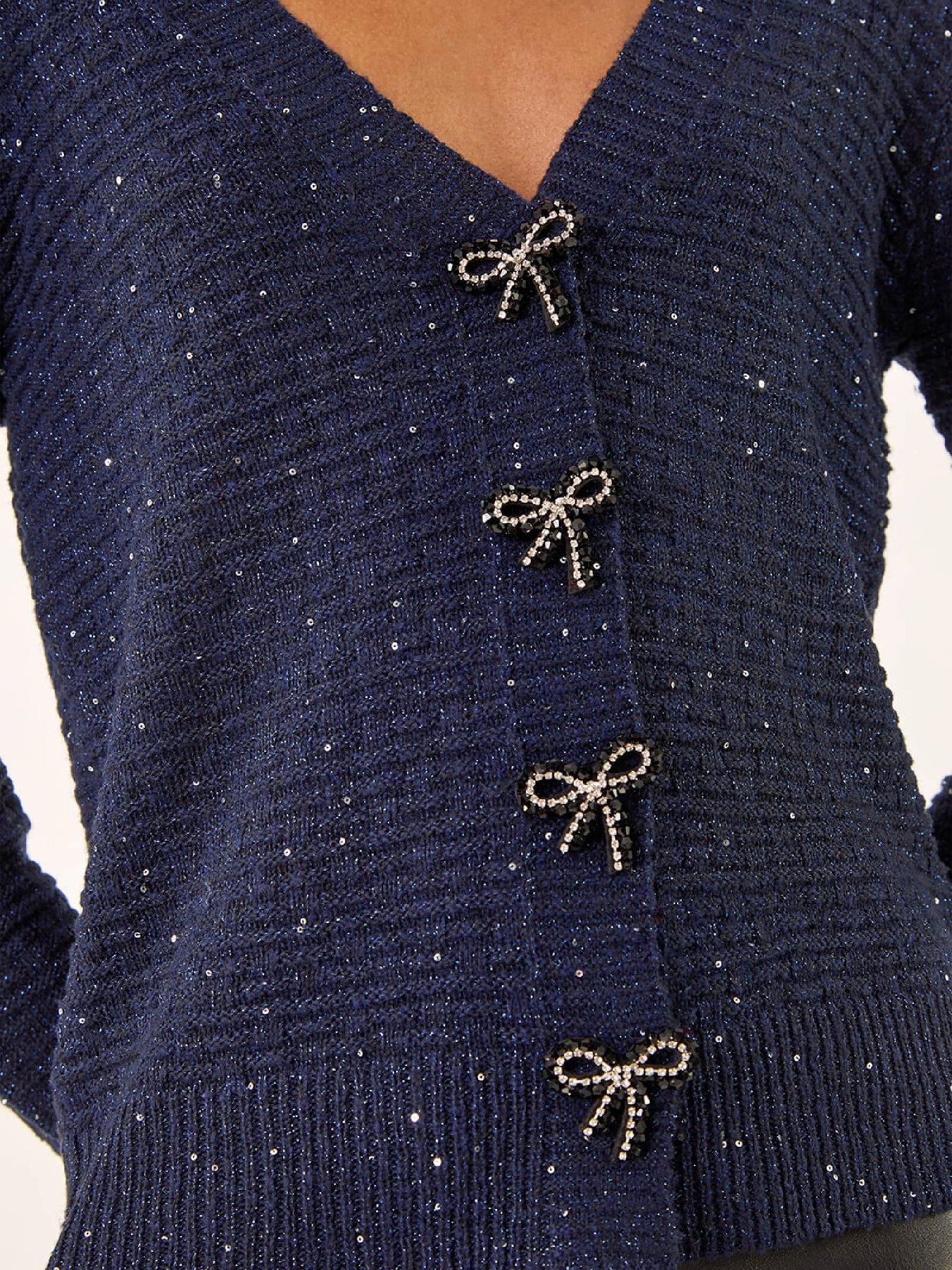  image of roman-bow-embellished-sequin-knit-cardigan-navy