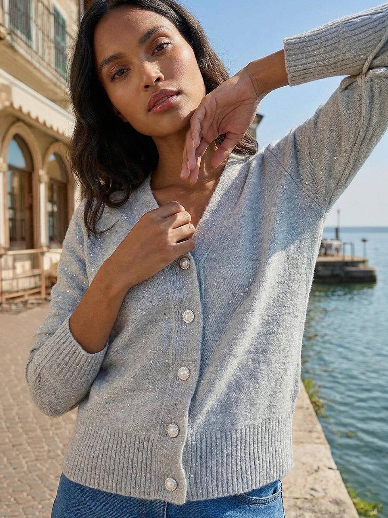 Roman Sequin V-neck Buttoned Cardigan - Grey
