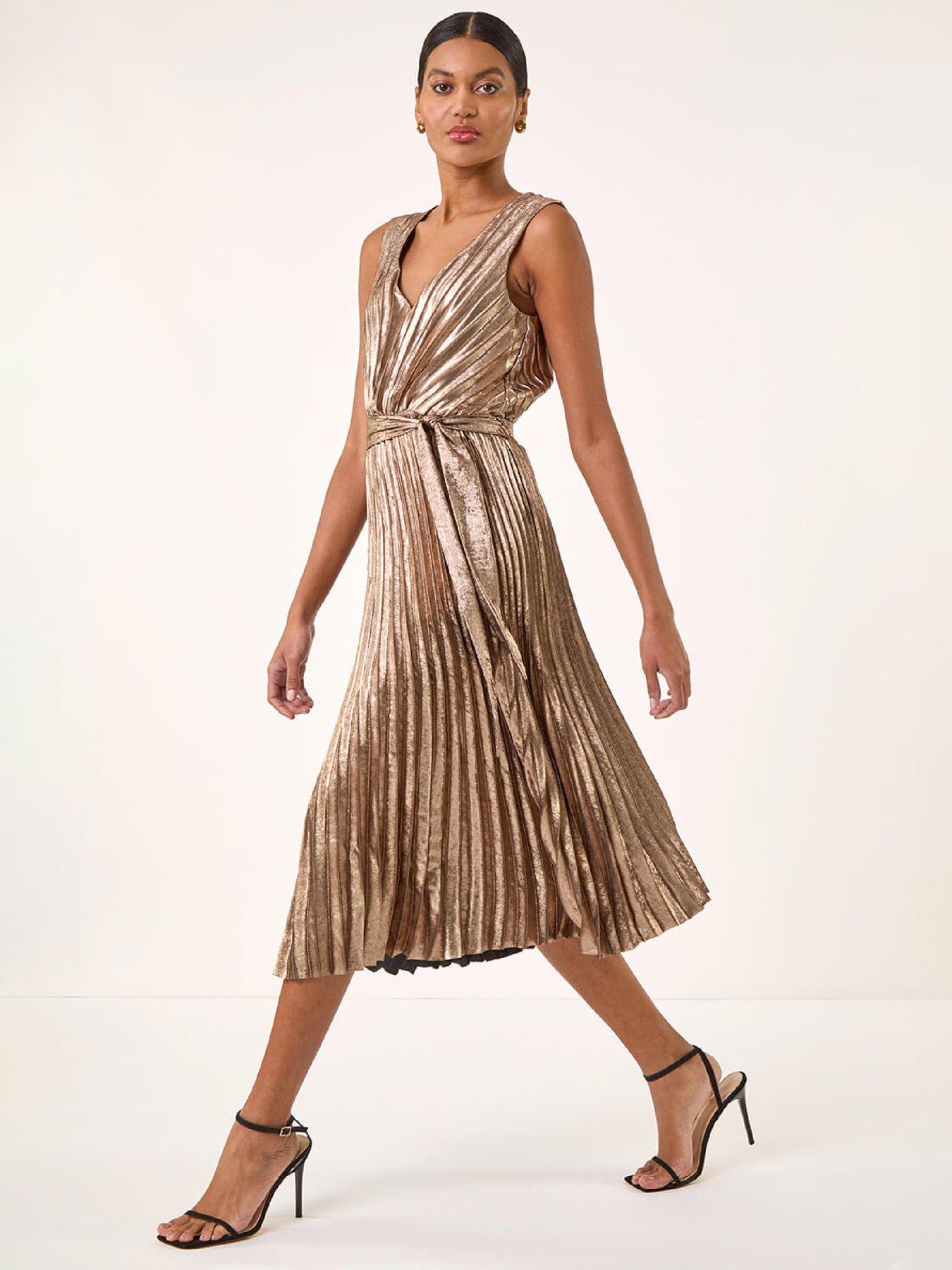 front image of roman-metallic-pleat-belted-midi-dress-gold