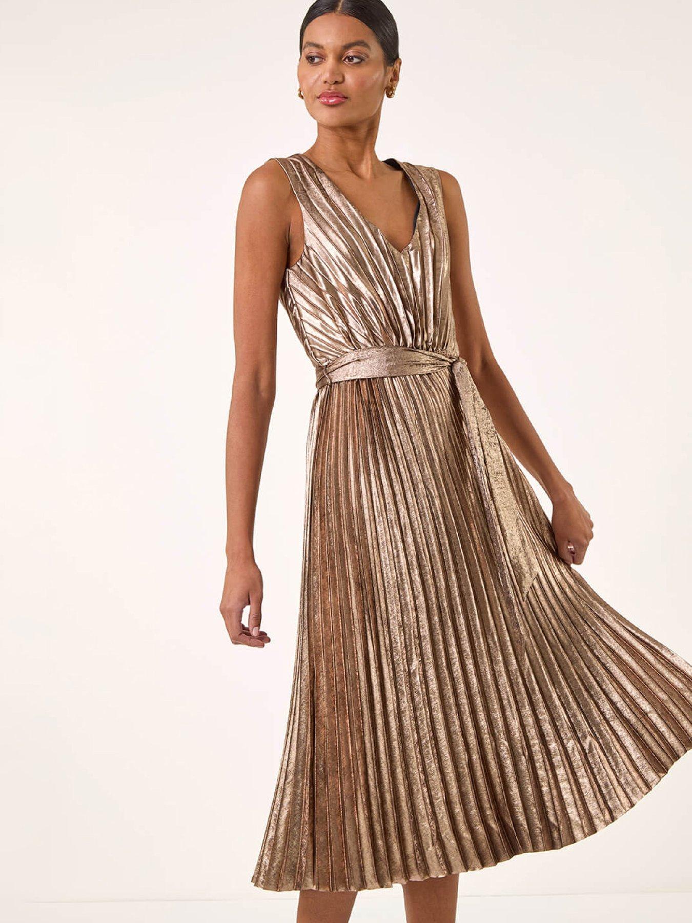  image of roman-metallic-pleat-belted-midi-dress-gold