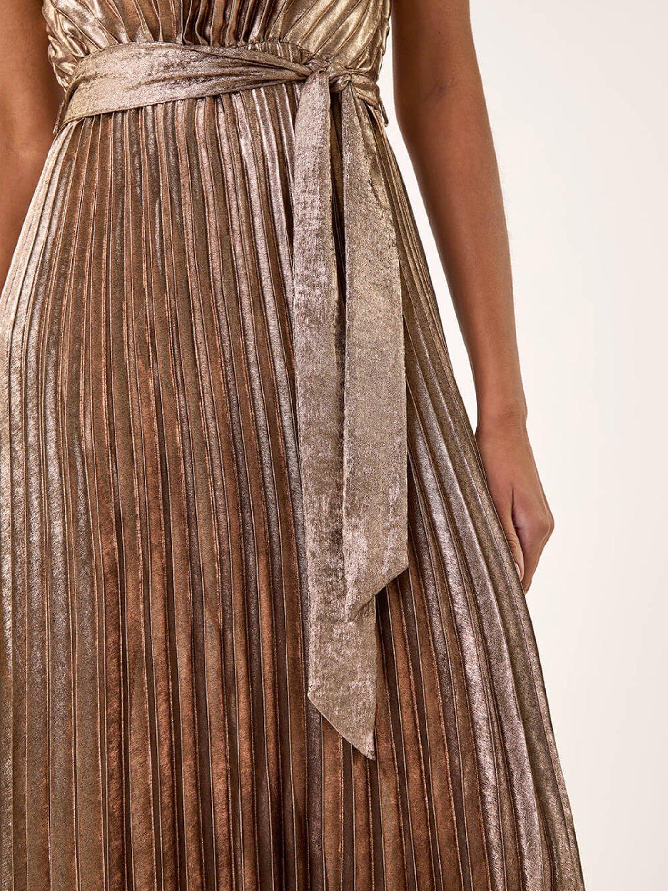  image of roman-metallic-pleat-belted-midi-dress-gold