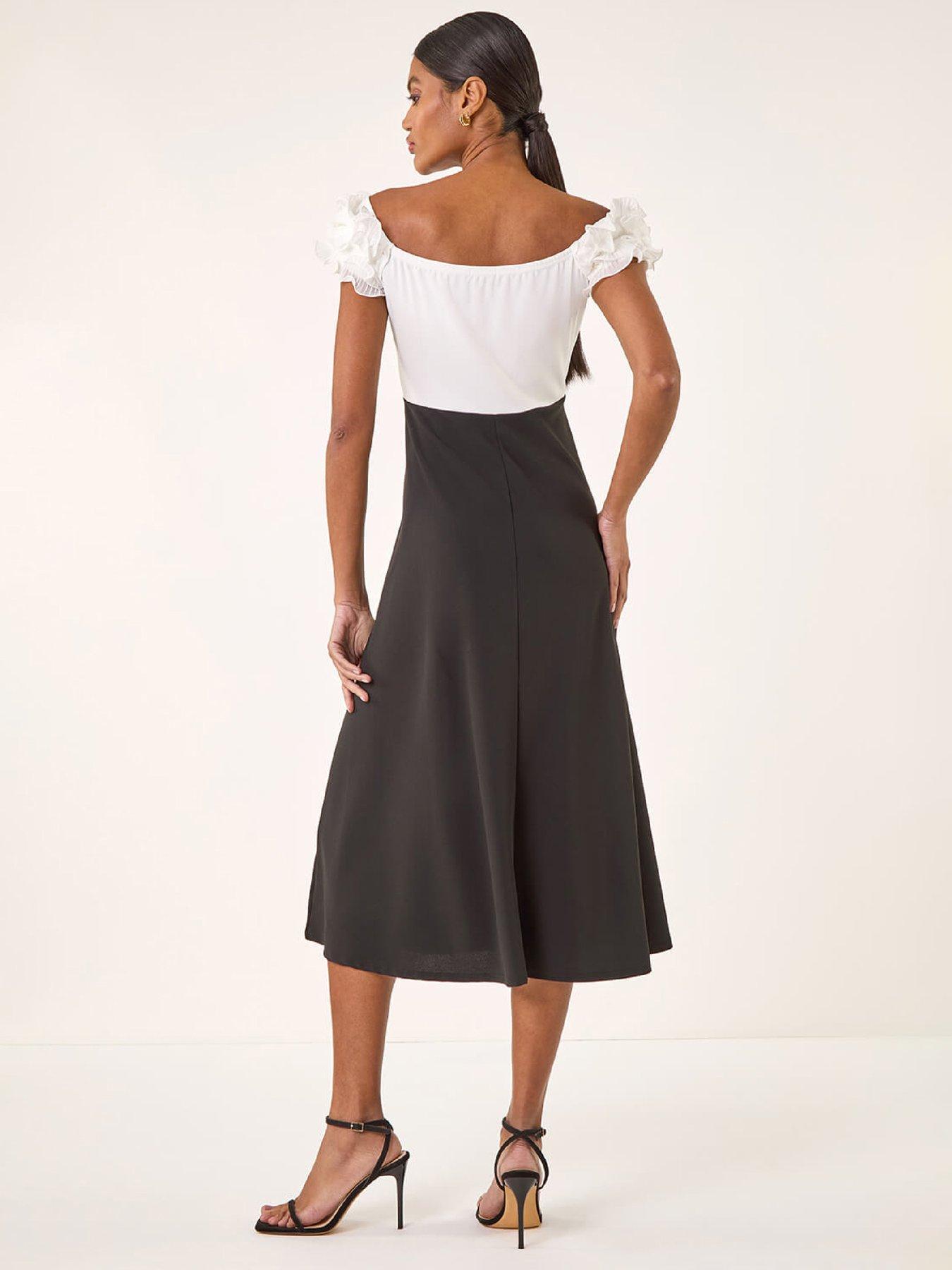 stillFront image of roman-frill-contrast-bardot-dress-black