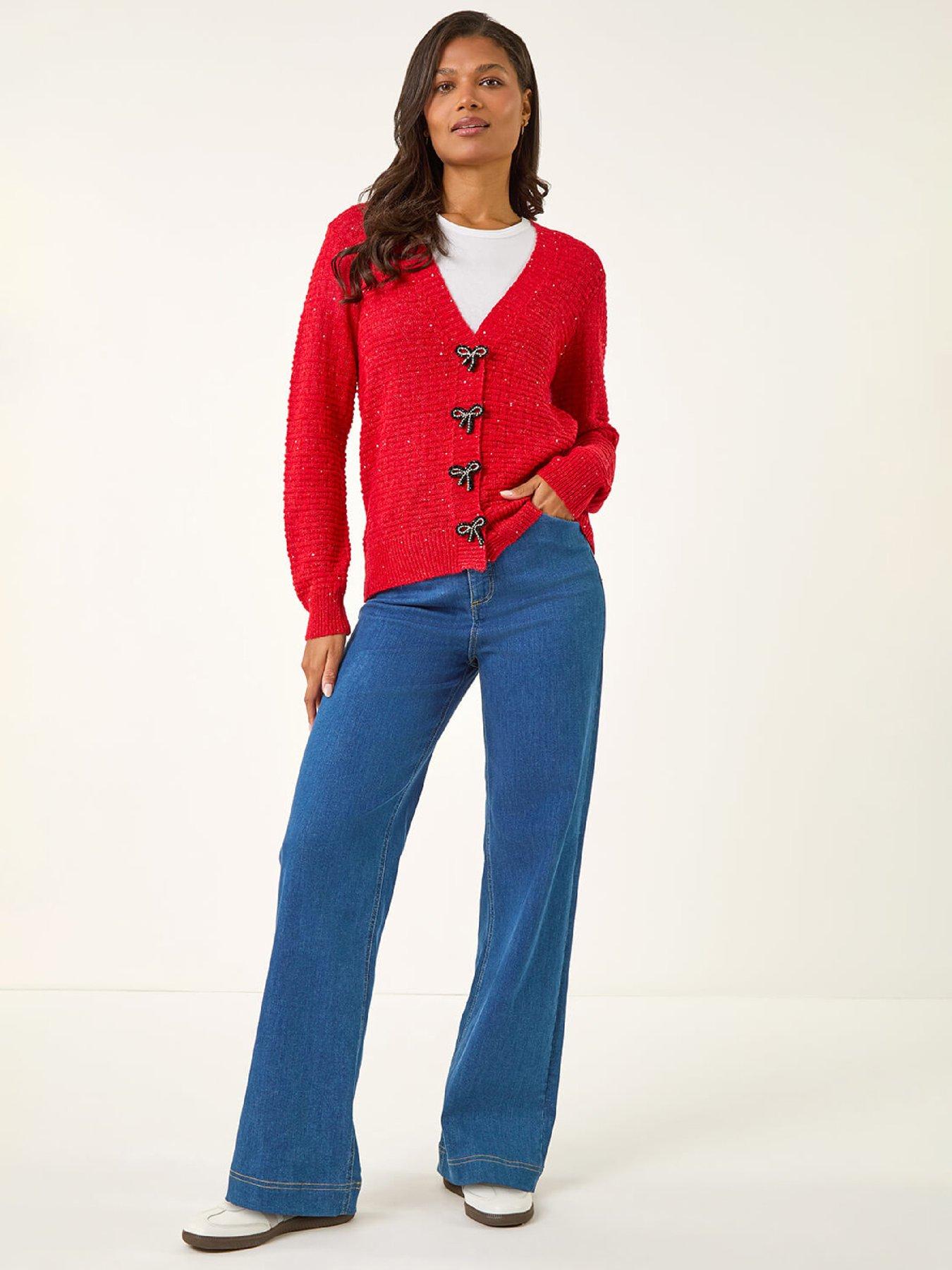 Image 3 of 5 of Roman Bow Embellished Sequin Knit Cardigan - Red