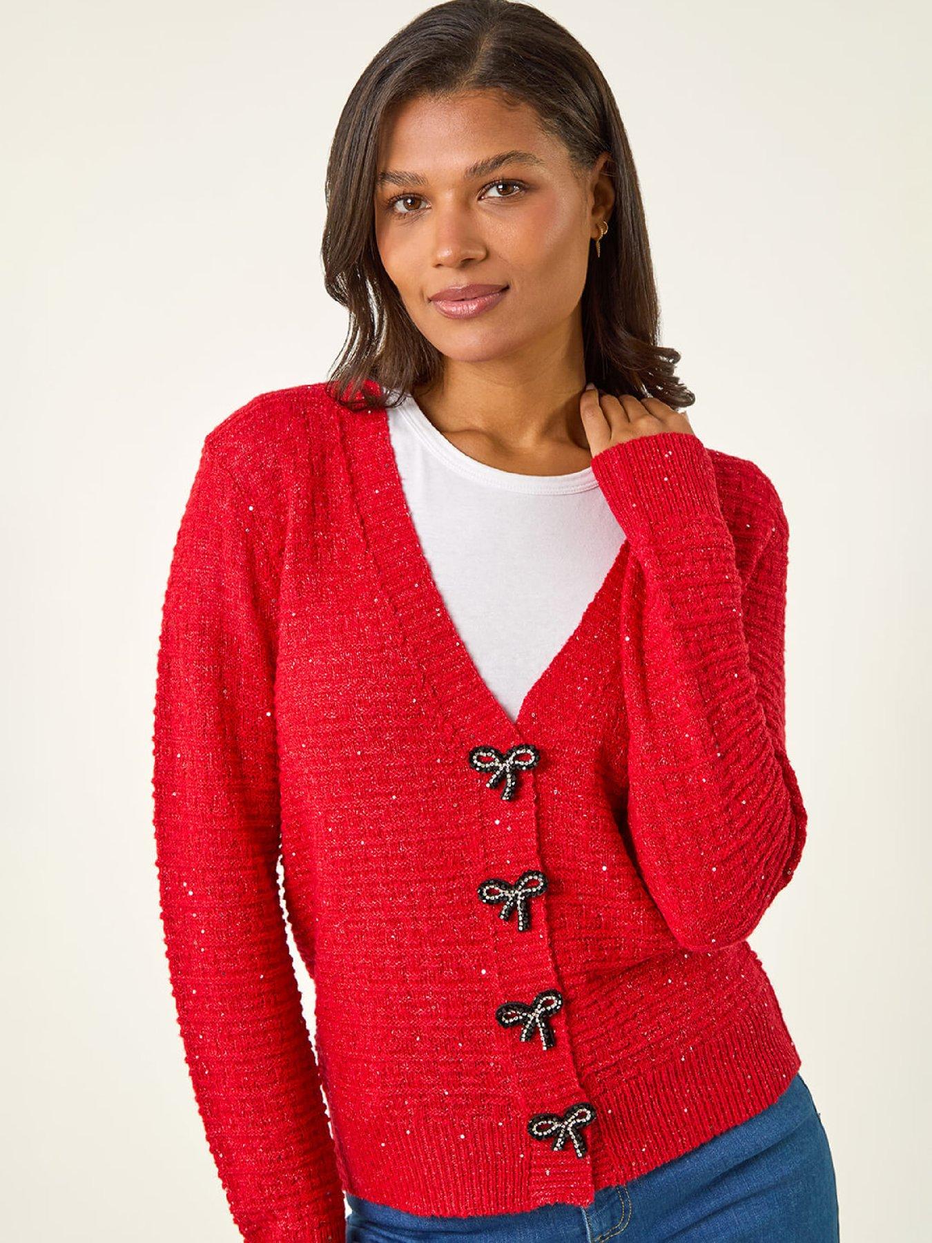 Image 4 of 5 of Roman Bow Embellished Sequin Knit Cardigan - Red
