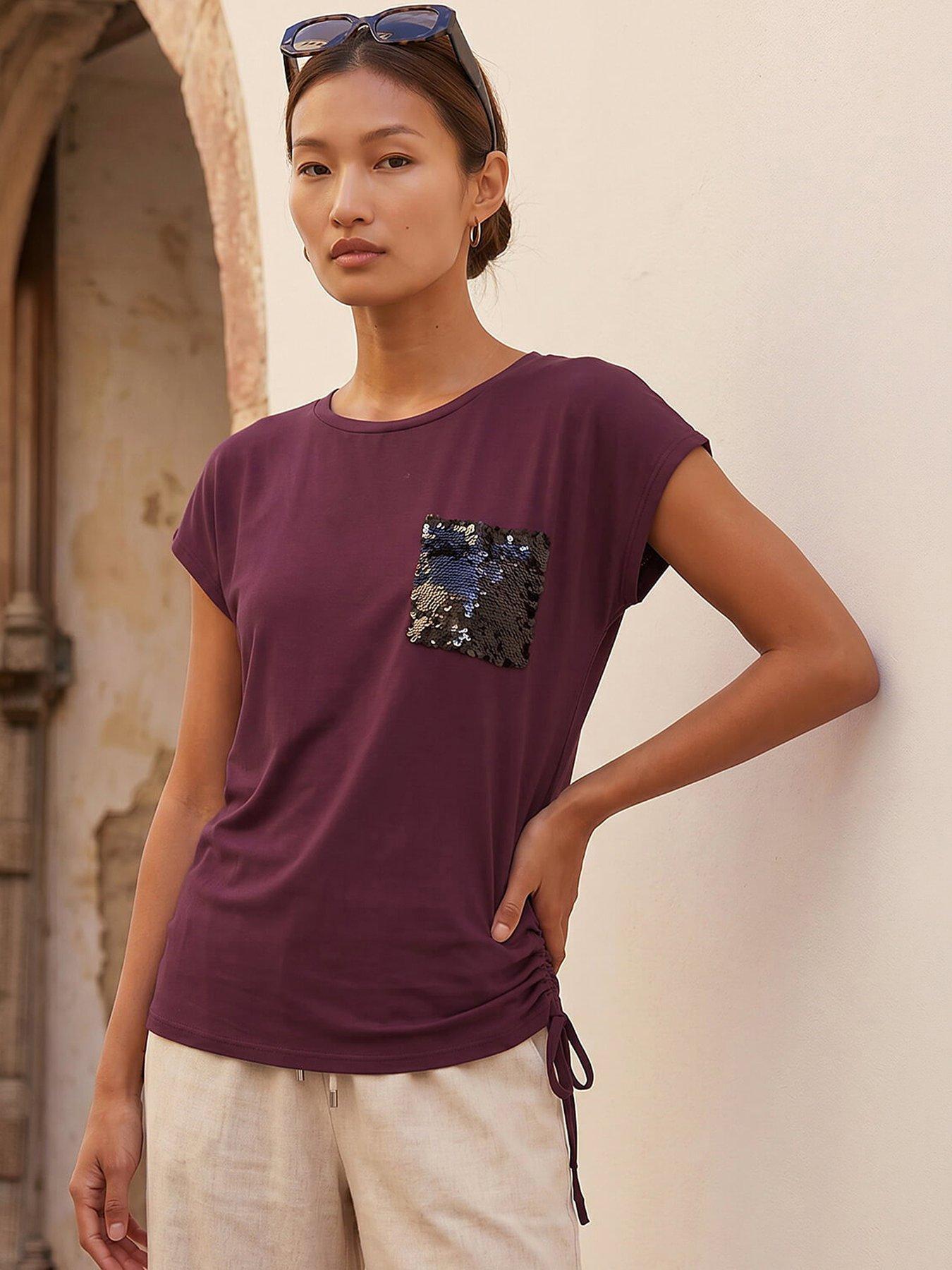 Roman Sequin Pocket Side Ruched T-shirt - Burgundy