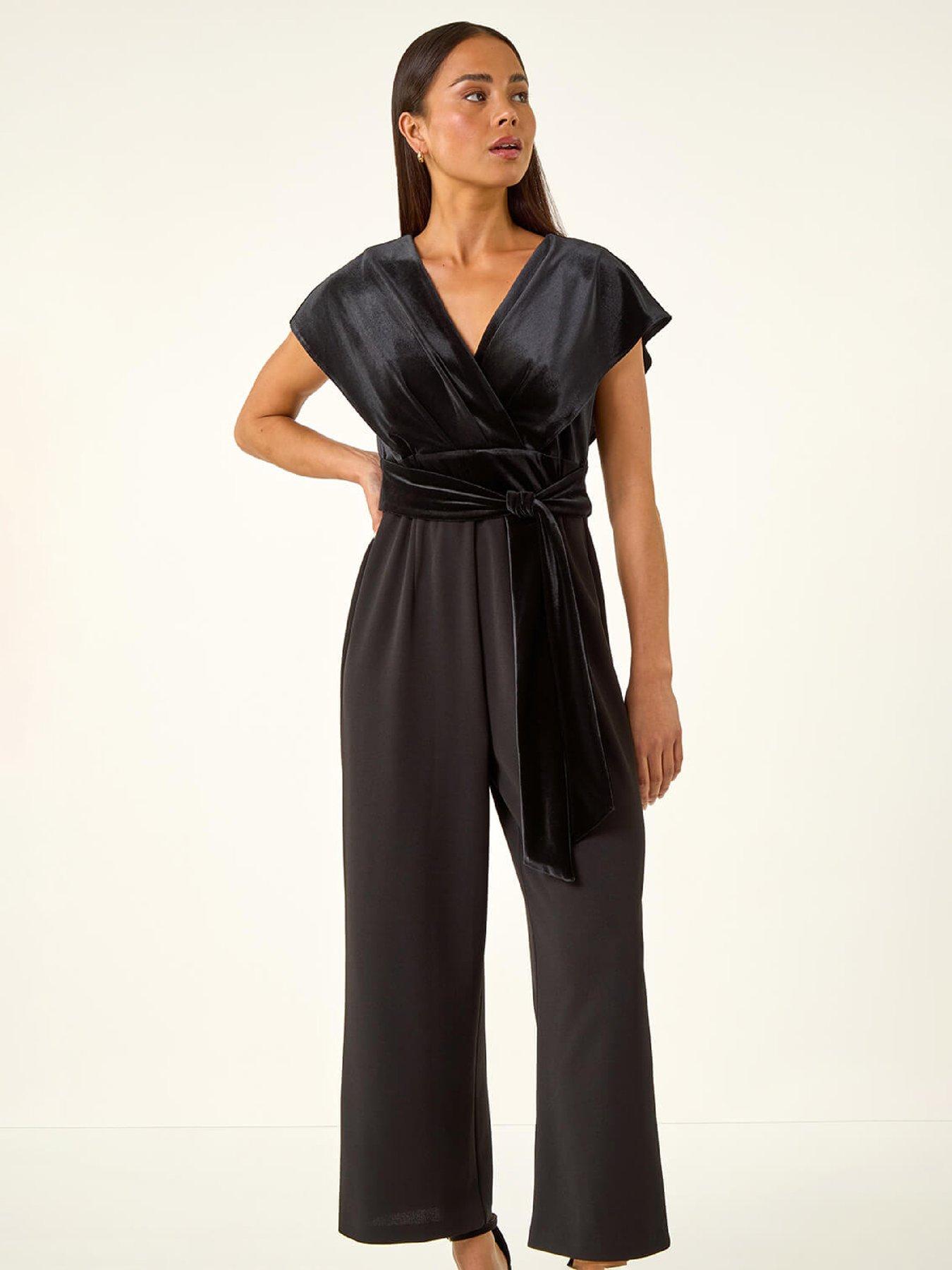  image of roman-petite-velvet-contrast-jumpsuit-black