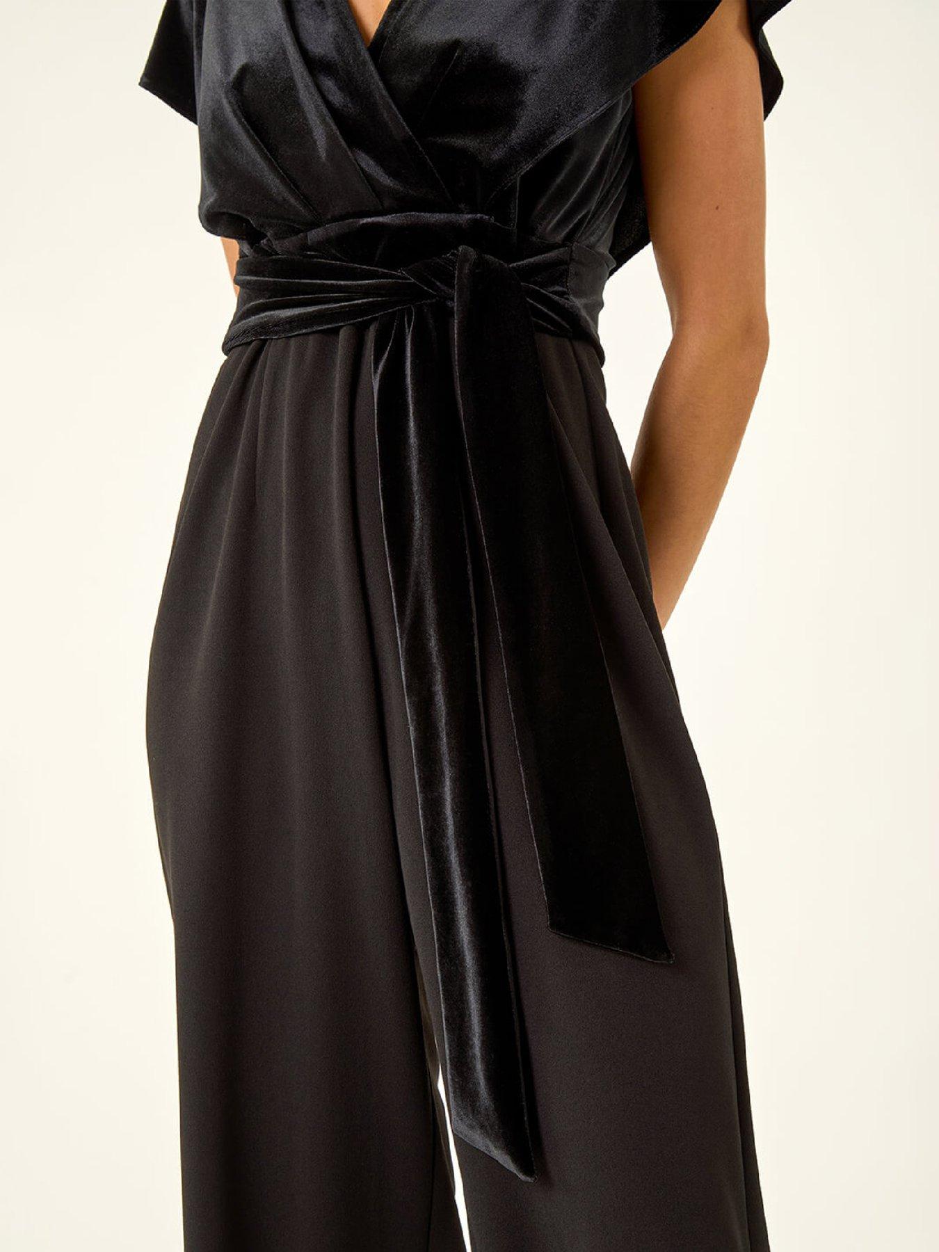  image of roman-petite-velvet-contrast-jumpsuit-black