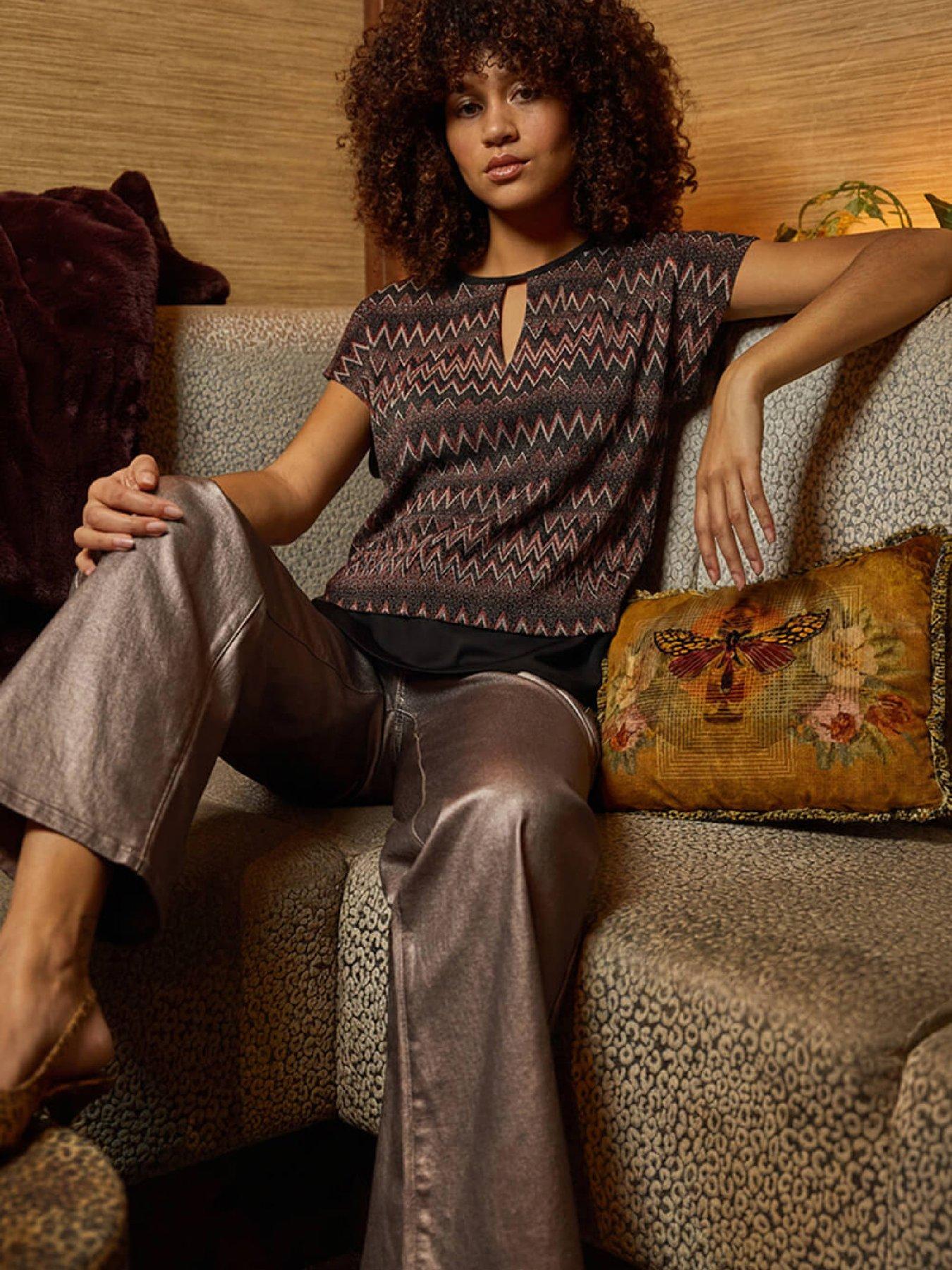 Image 1 of 6 of Roman Zig Zag Print Bubble Hem Top - Bronze
