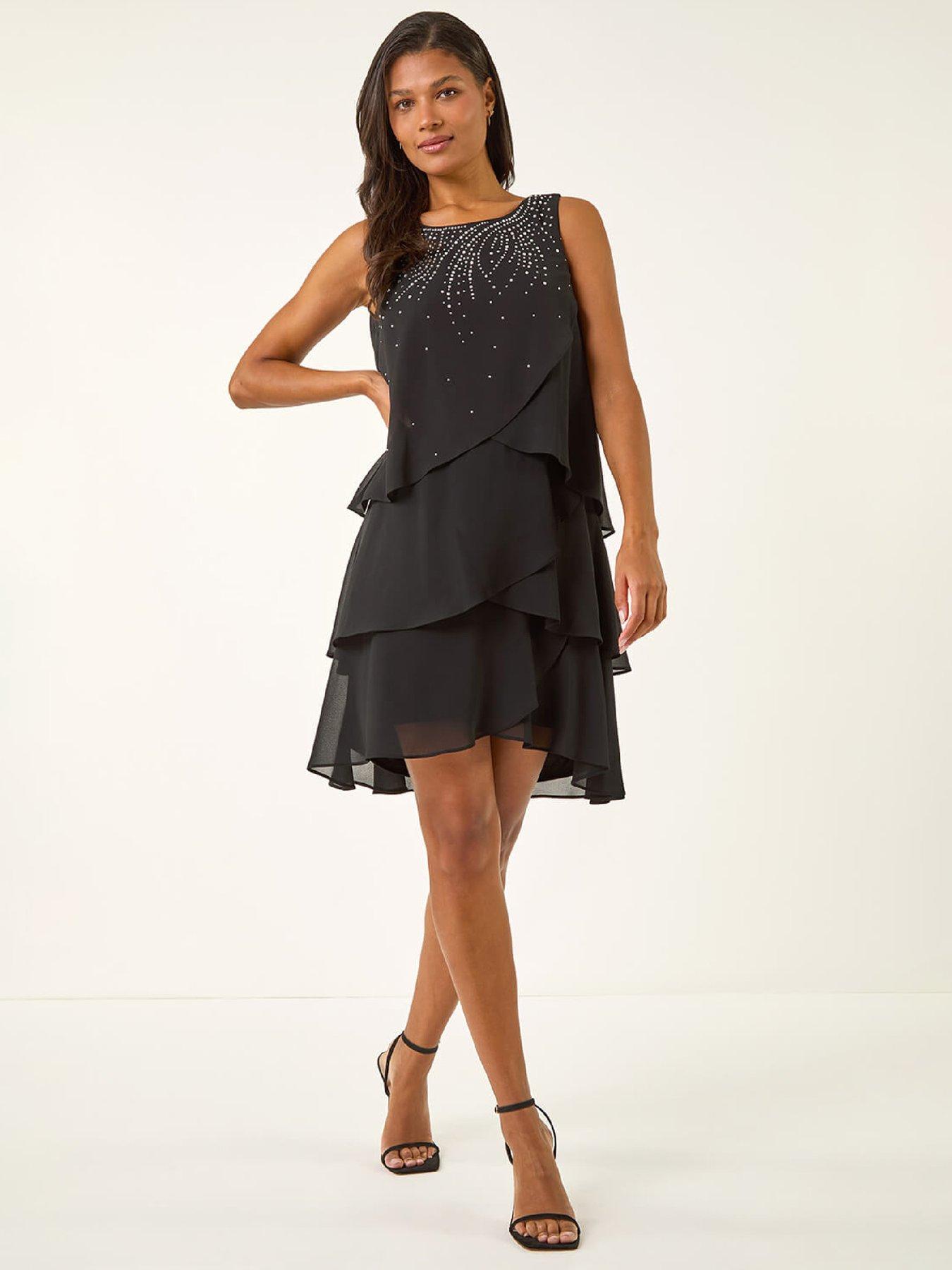front image of roman-hotfix-tiered-swing-dress-black