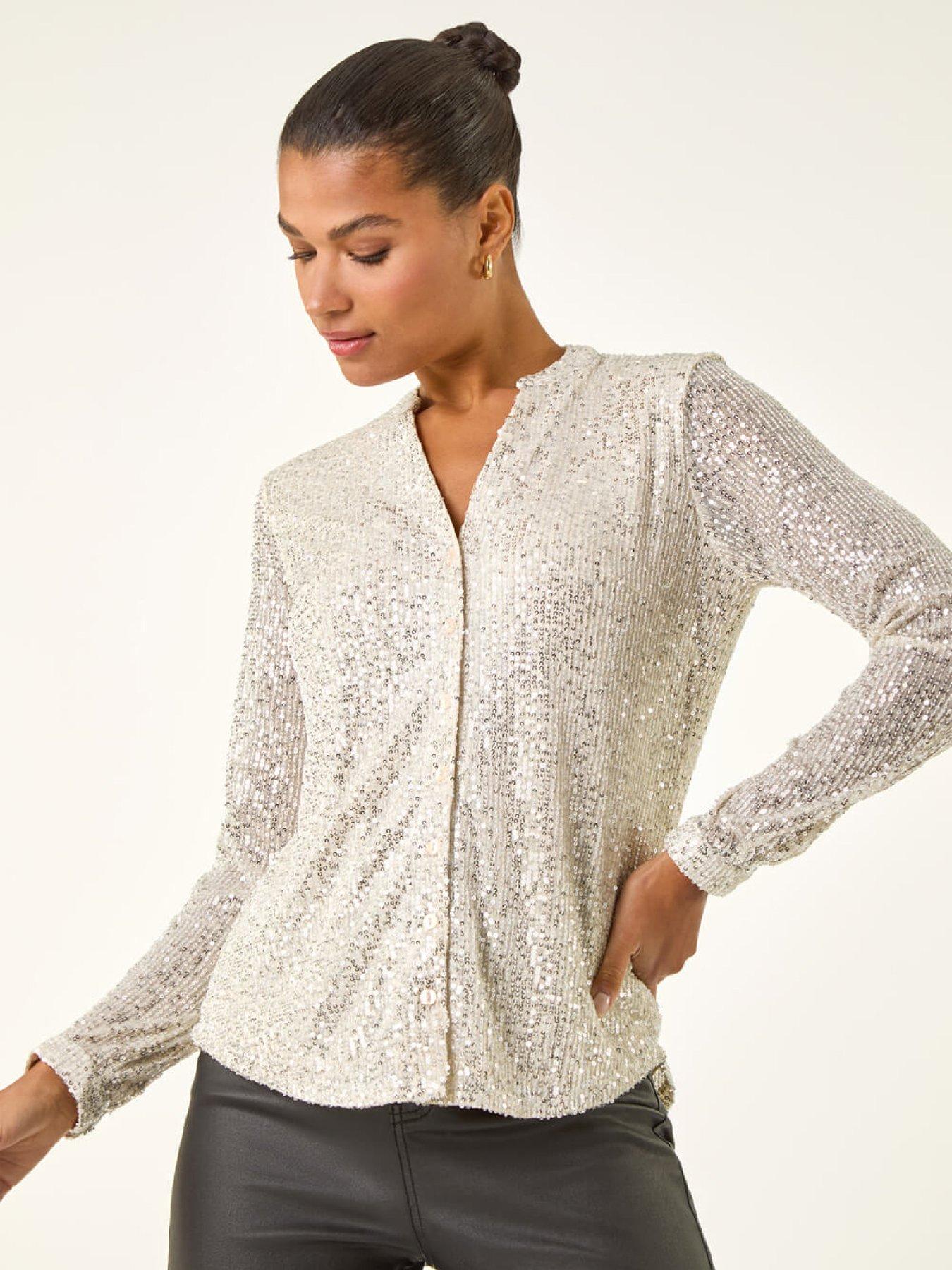  image of roman-embellished-sequin-stretch-blouse-silver