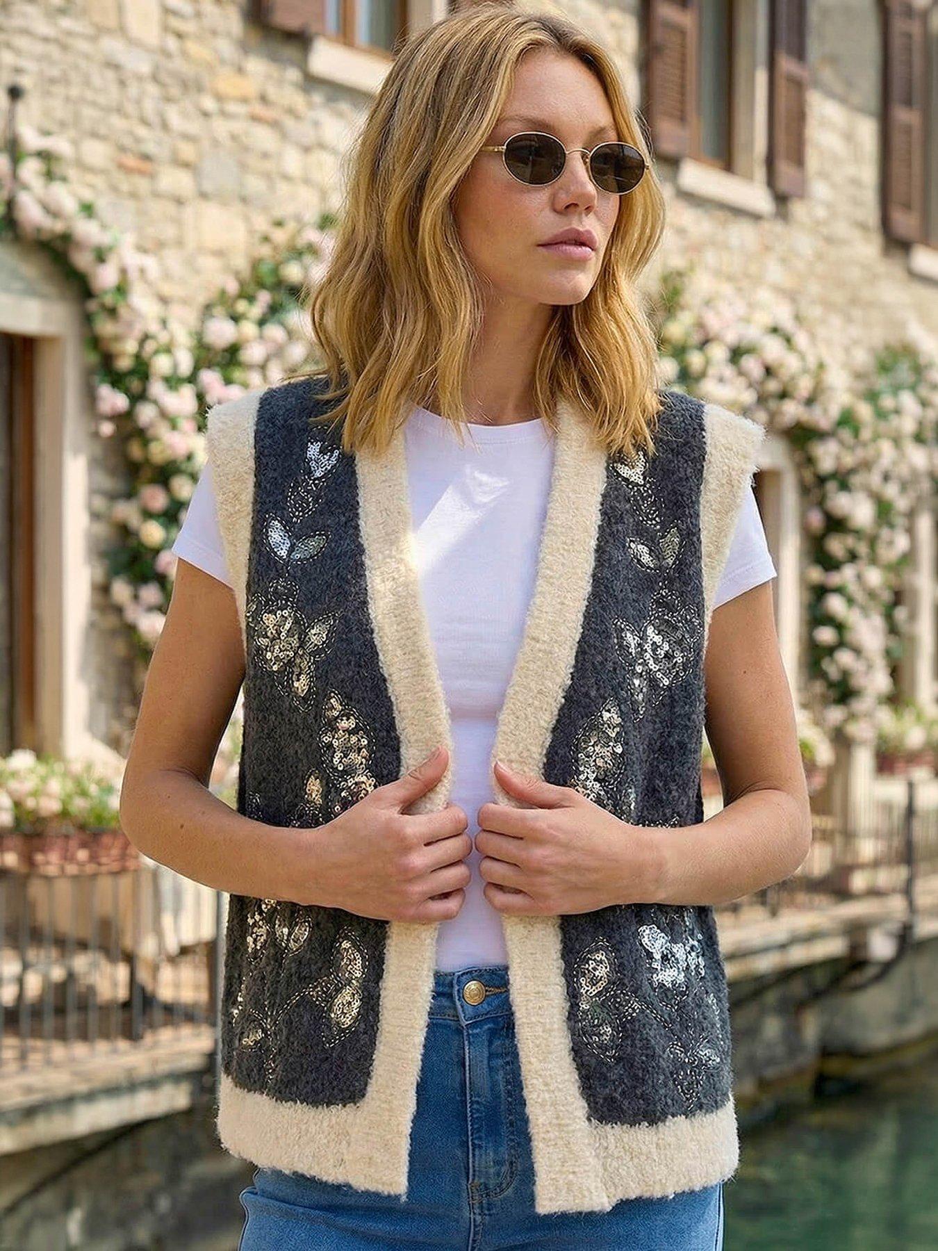 Image 1 of 5 of Roman Fur Trim Embroidered Knit Waistcoat - Black