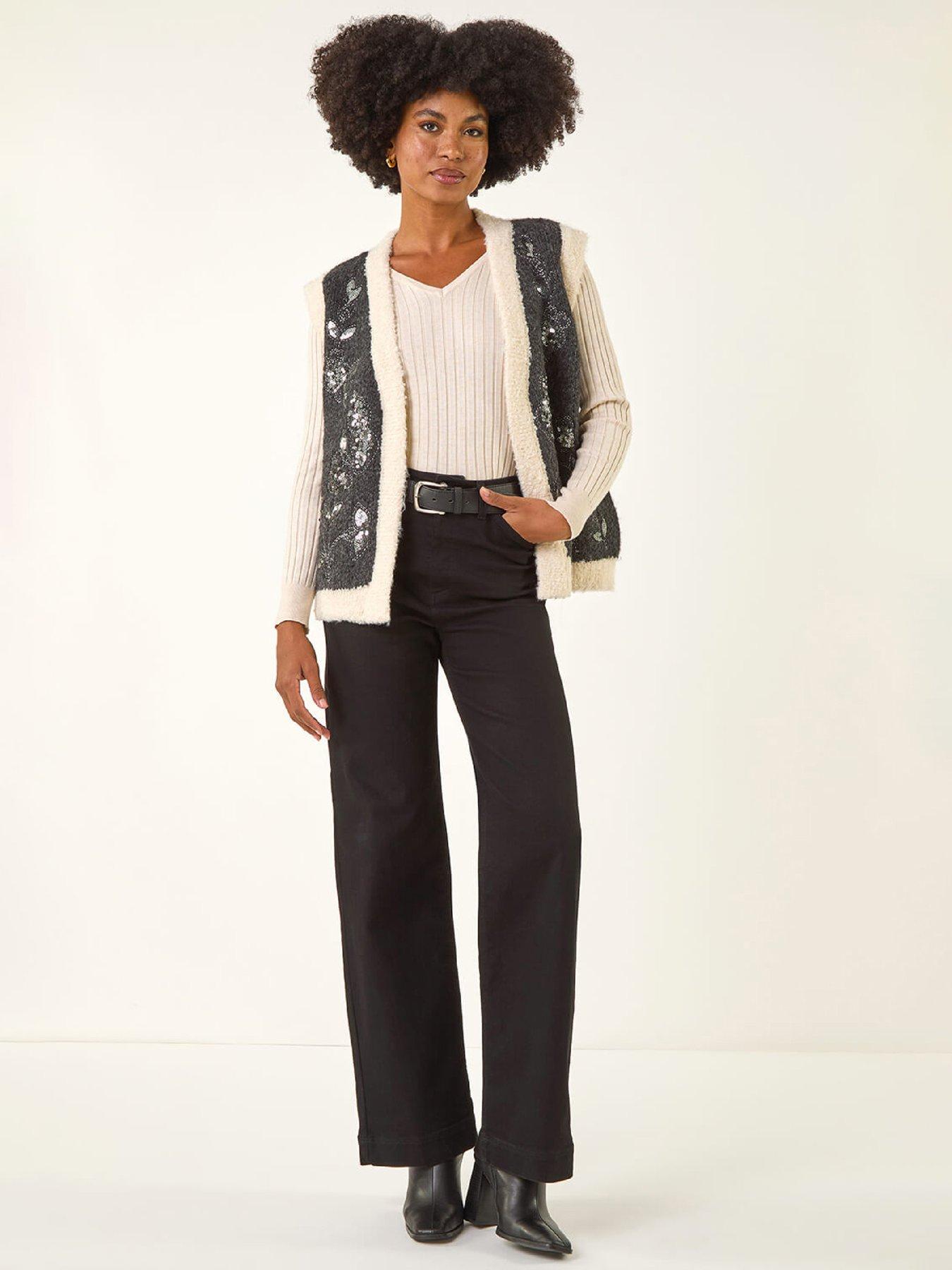 Image 3 of 5 of Roman Fur Trim Embroidered Knit Waistcoat - Black