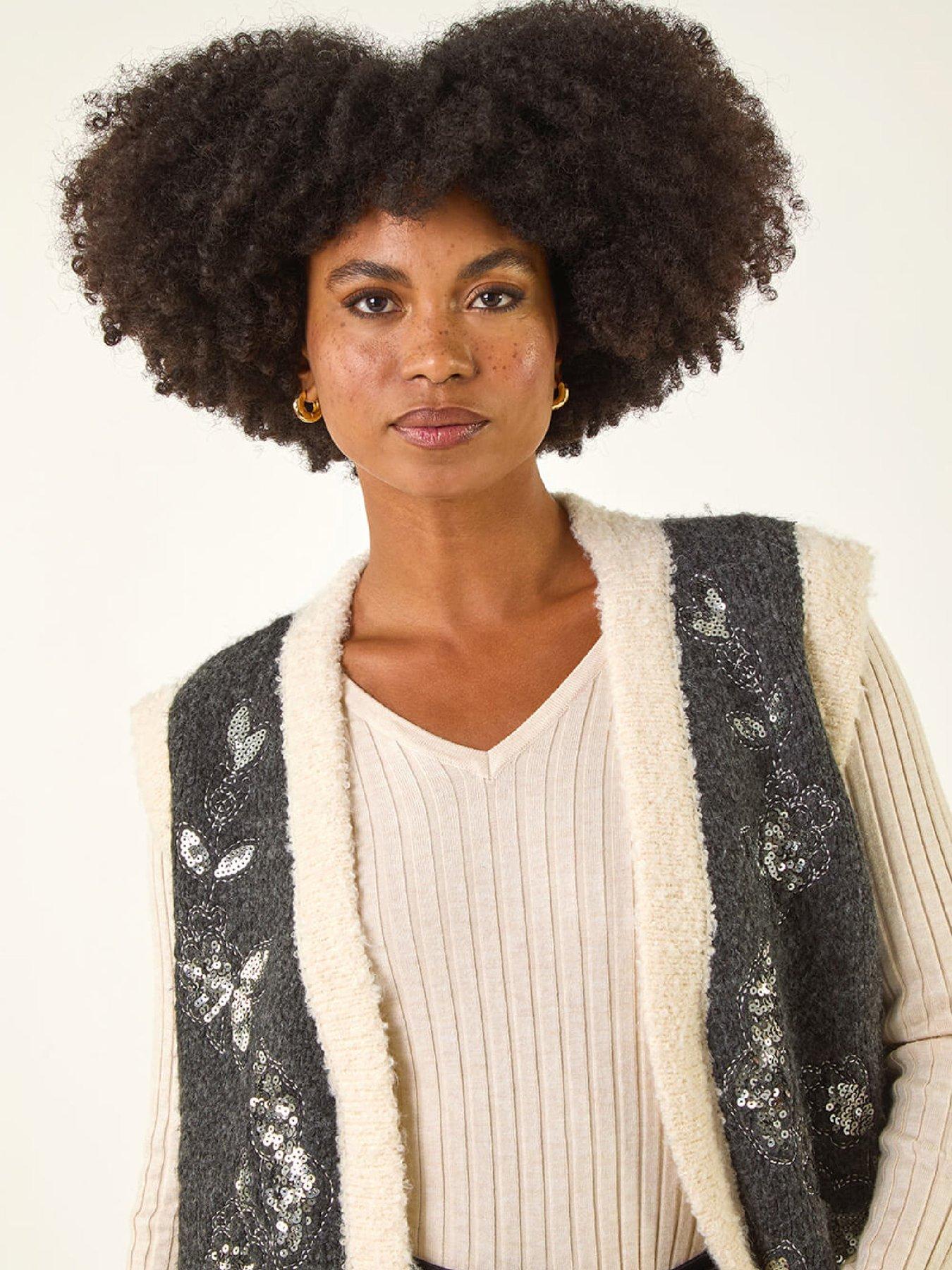 Image 4 of 5 of Roman Fur Trim Embroidered Knit Waistcoat - Black