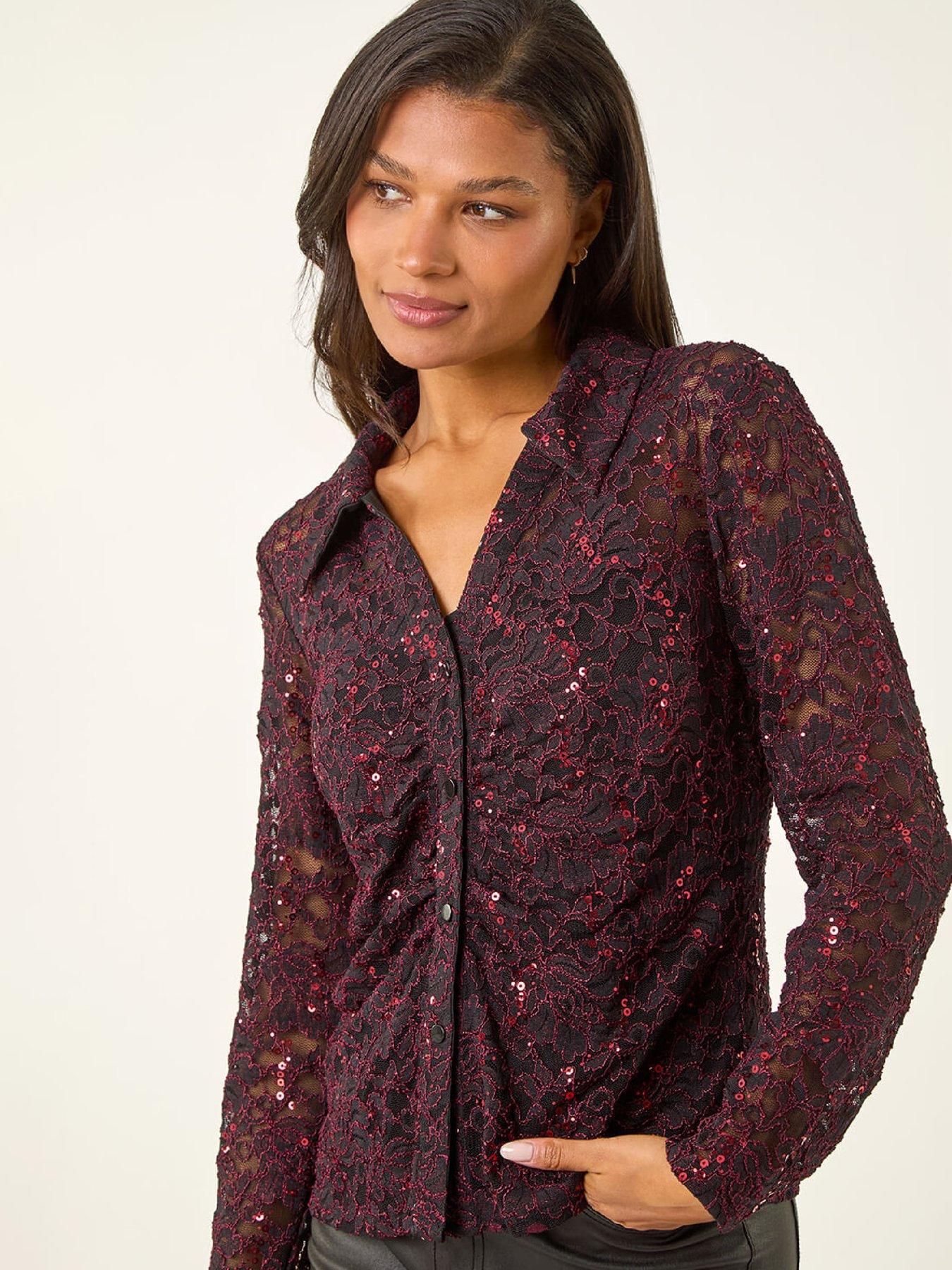 front image of roman-sequin-lace-collared-blouse-wine