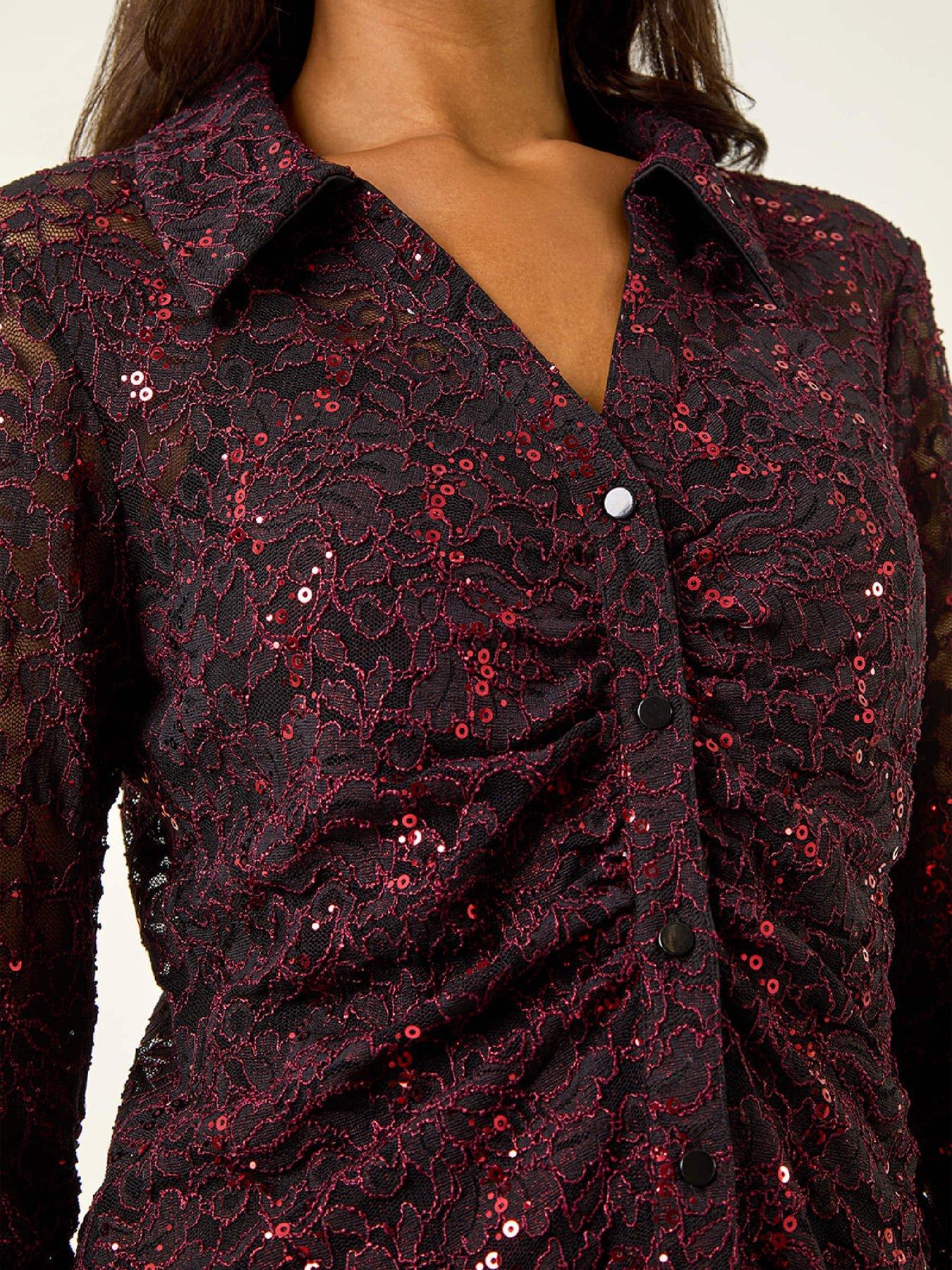 image of roman-sequin-lace-collared-blouse-wine