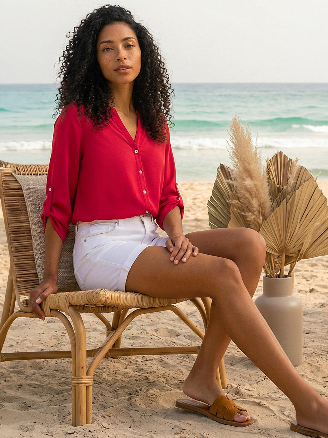 Roman Notch Neck Longline Blouse - Red