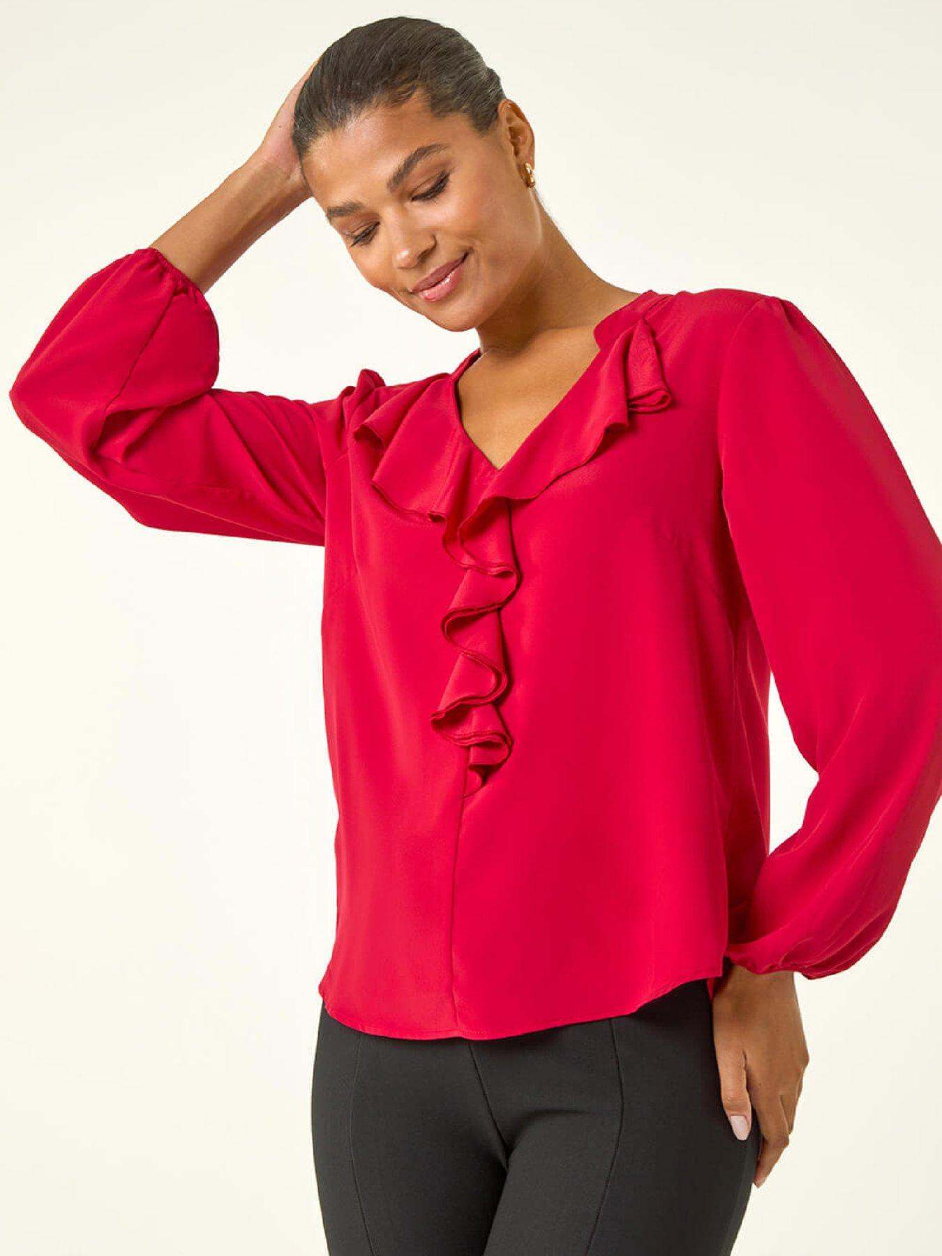 Roman Plain Ruffle Neck Top - Red