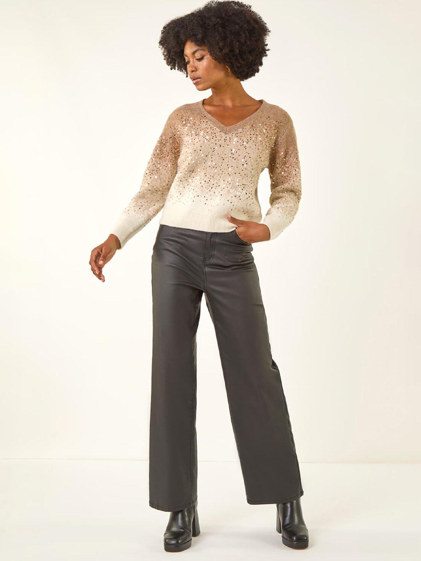  image of roman-ombre-v-neck-knit-jumper-beige