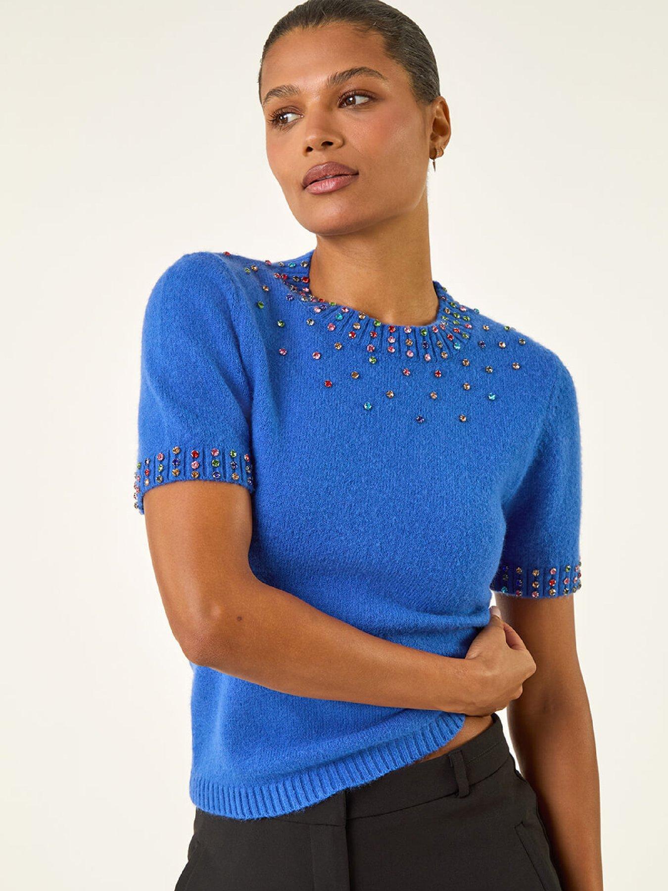 Image 1 of 5 of Roman Embellished Neck Knitted Top - Royal Blue