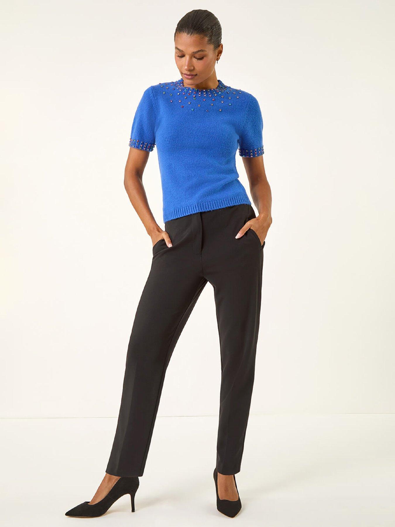 Image 3 of 5 of Roman Embellished Neck Knitted Top - Royal Blue