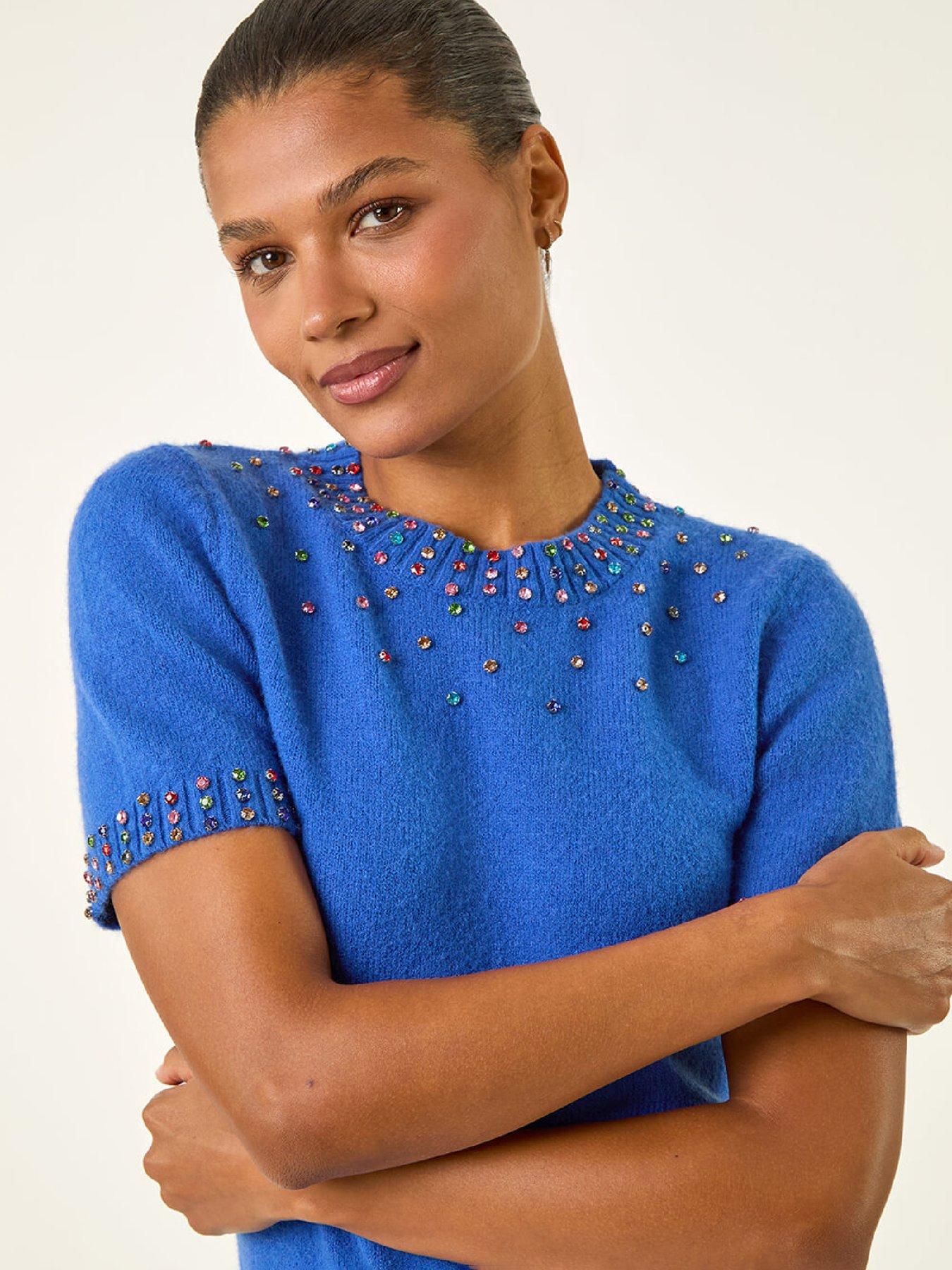 Image 4 of 5 of Roman Embellished Neck Knitted Top - Royal Blue