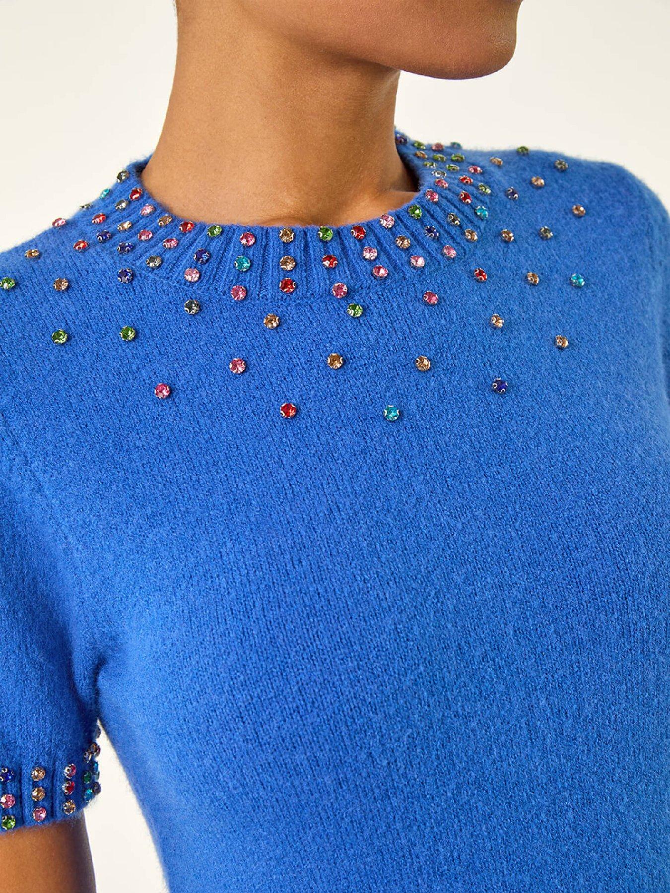 Image 5 of 5 of Roman Embellished Neck Knitted Top - Royal Blue