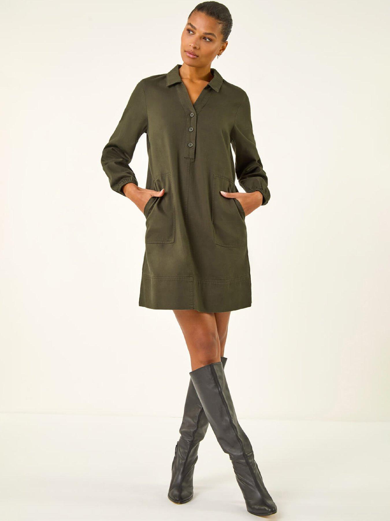 front image of roman-collared-shift-shirt-dress-khaki