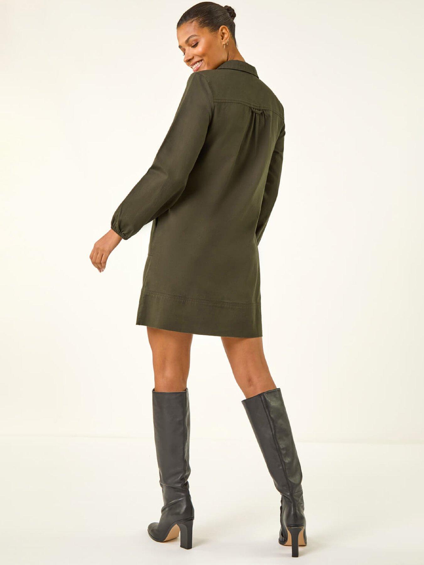  image of roman-collared-shift-shirt-dress-khaki