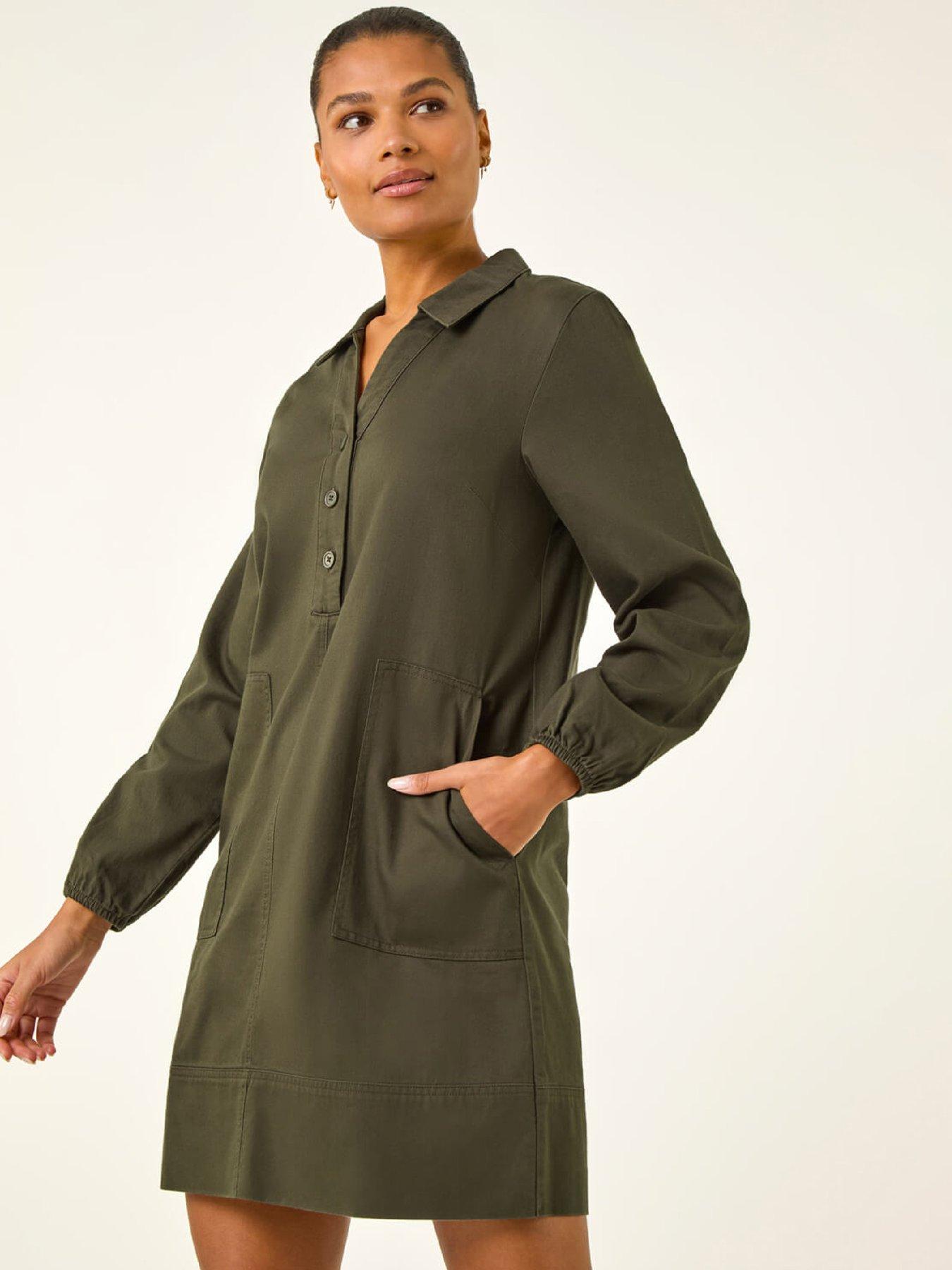  image of roman-collared-shift-shirt-dress-khaki