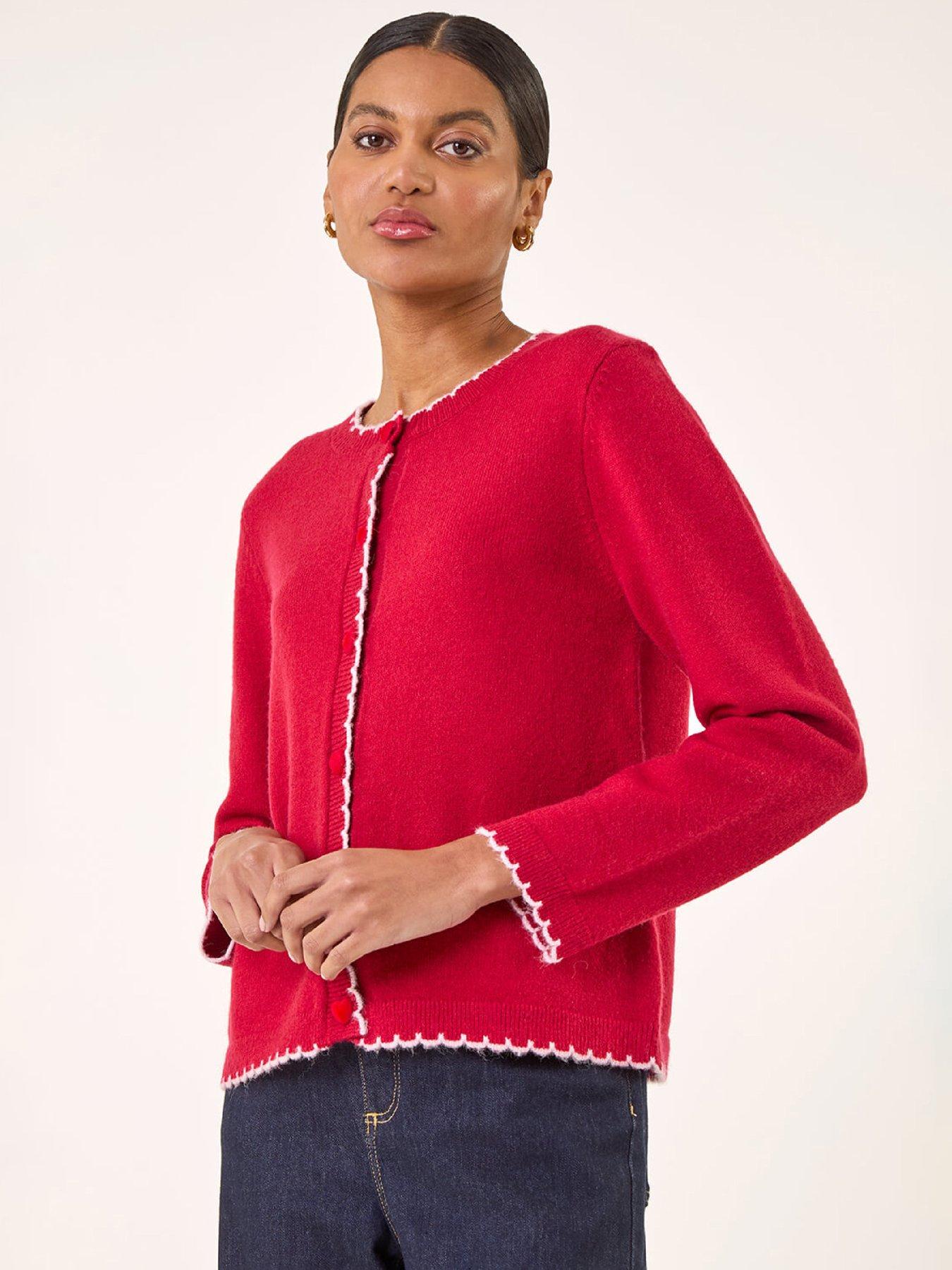 Image 1 of 4 of Roman Heart Button Scallop Edge Cardigan - Red