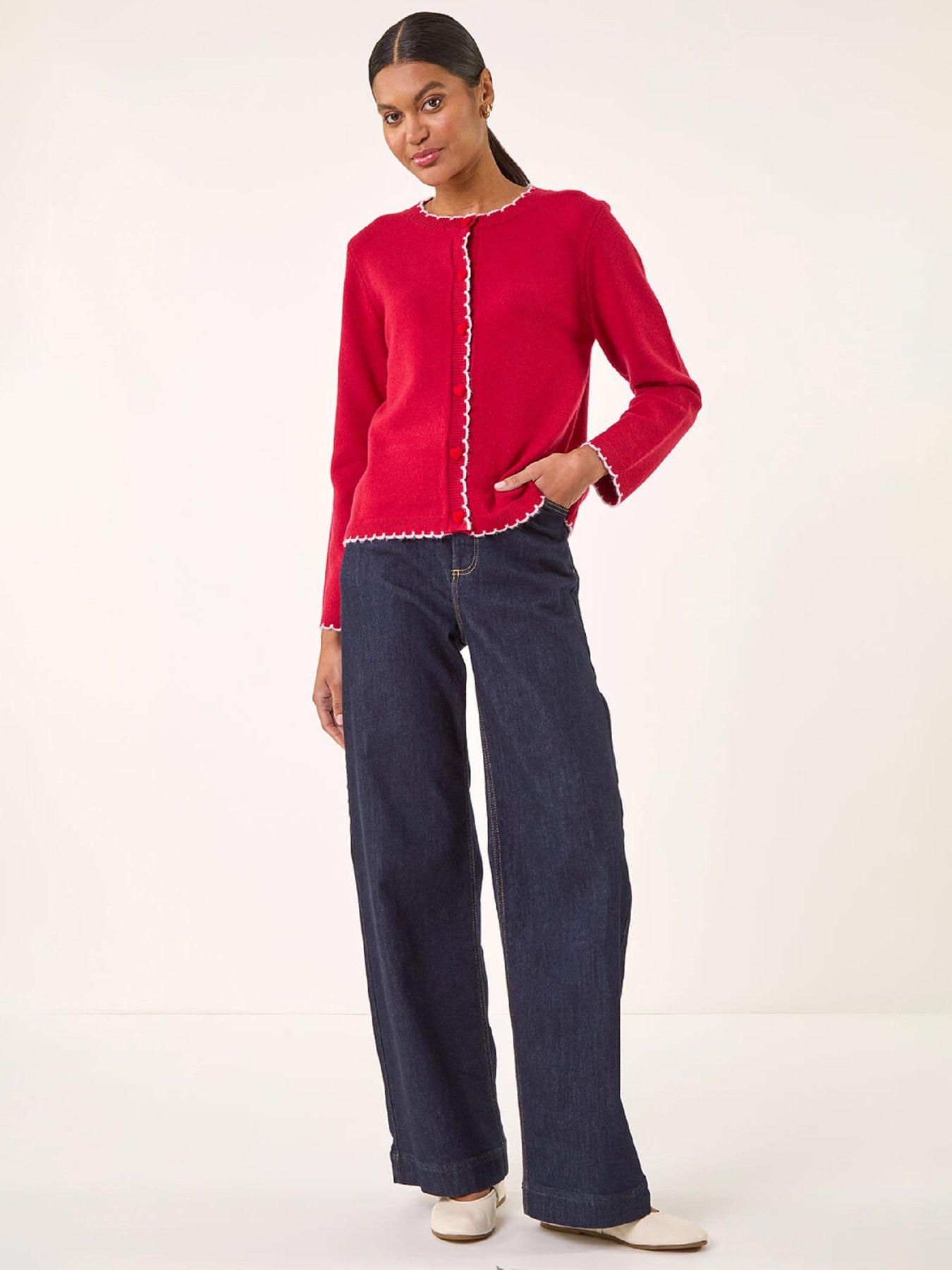 Image 2 of 4 of Roman Heart Button Scallop Edge Cardigan - Red