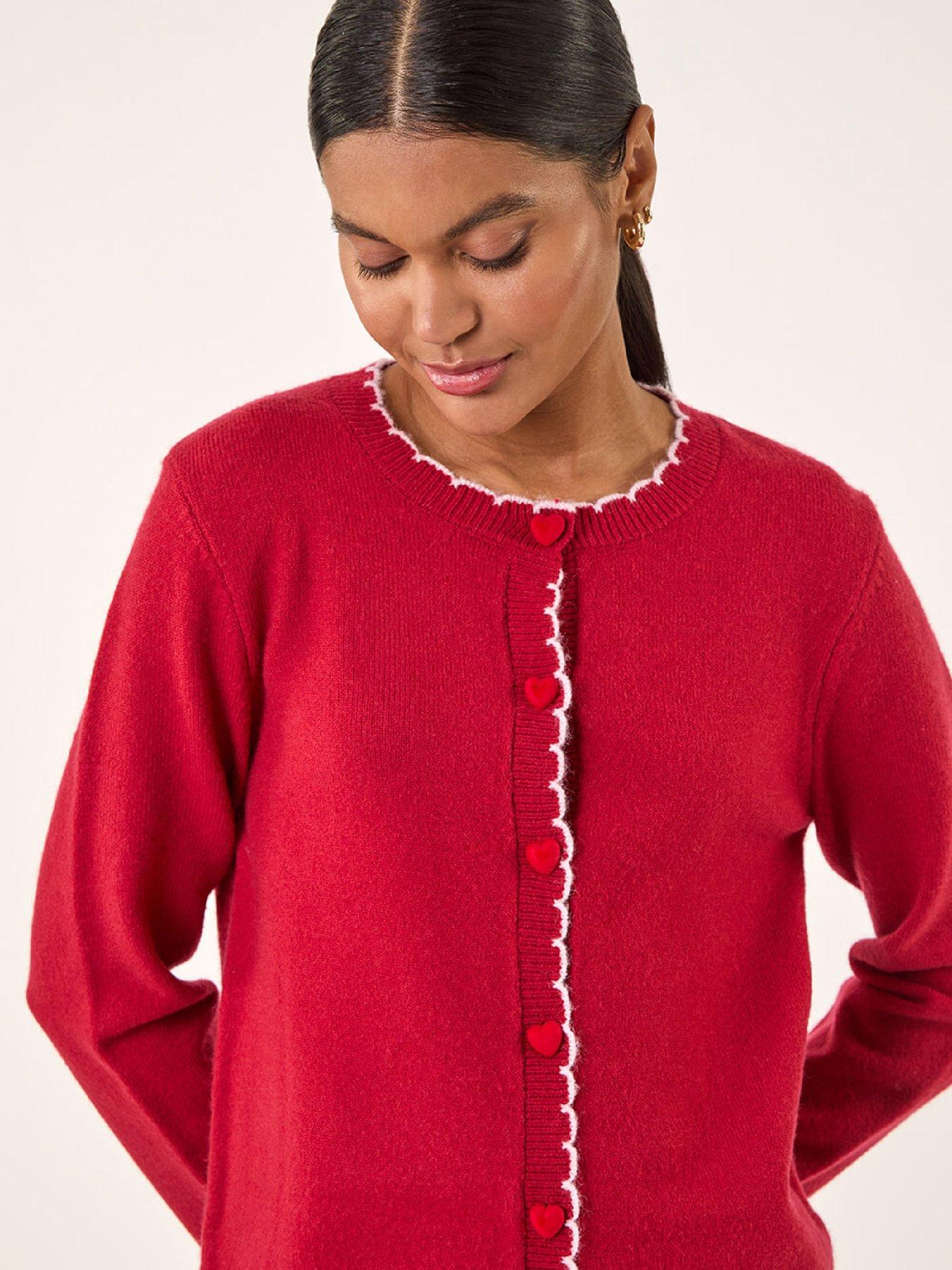 Image 3 of 4 of Roman Heart Button Scallop Edge Cardigan - Red