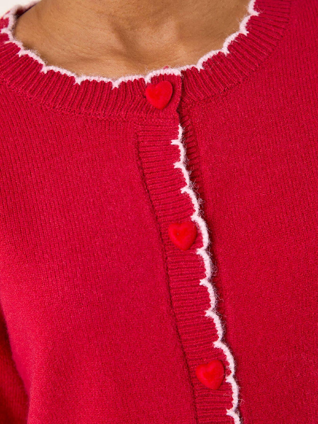 Image 4 of 4 of Roman Heart Button Scallop Edge Cardigan - Red