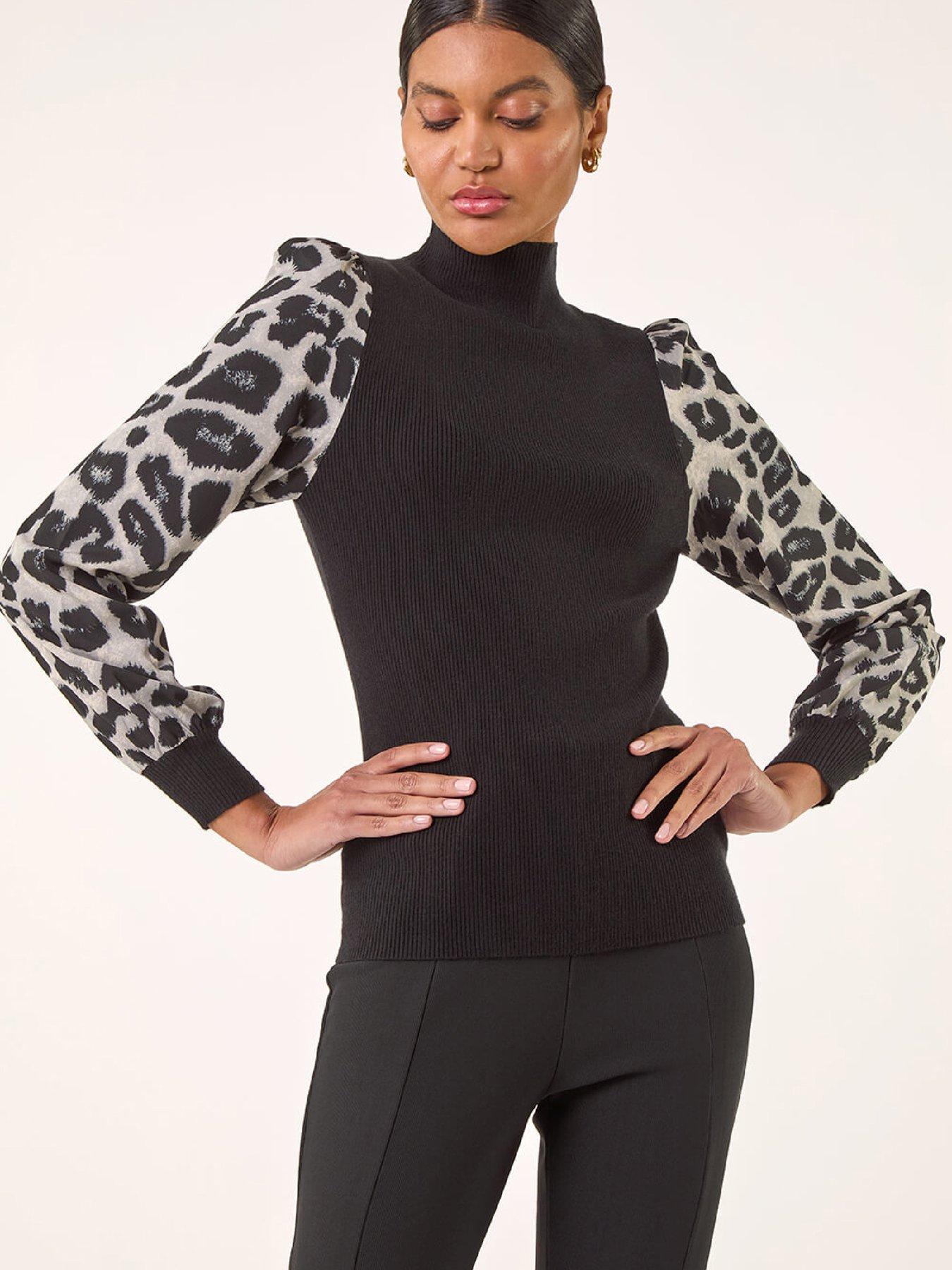  image of roman-animal-print-mesh-sleeve-knit-black