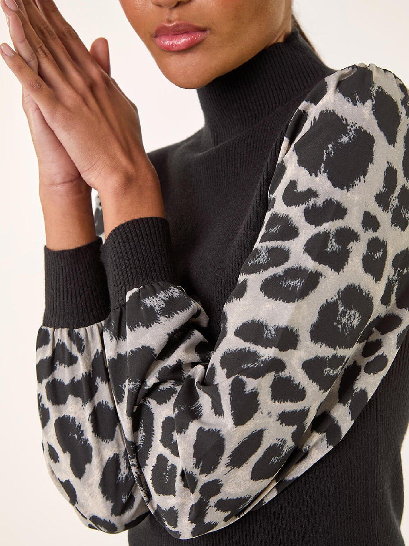  image of roman-animal-print-mesh-sleeve-knit-black