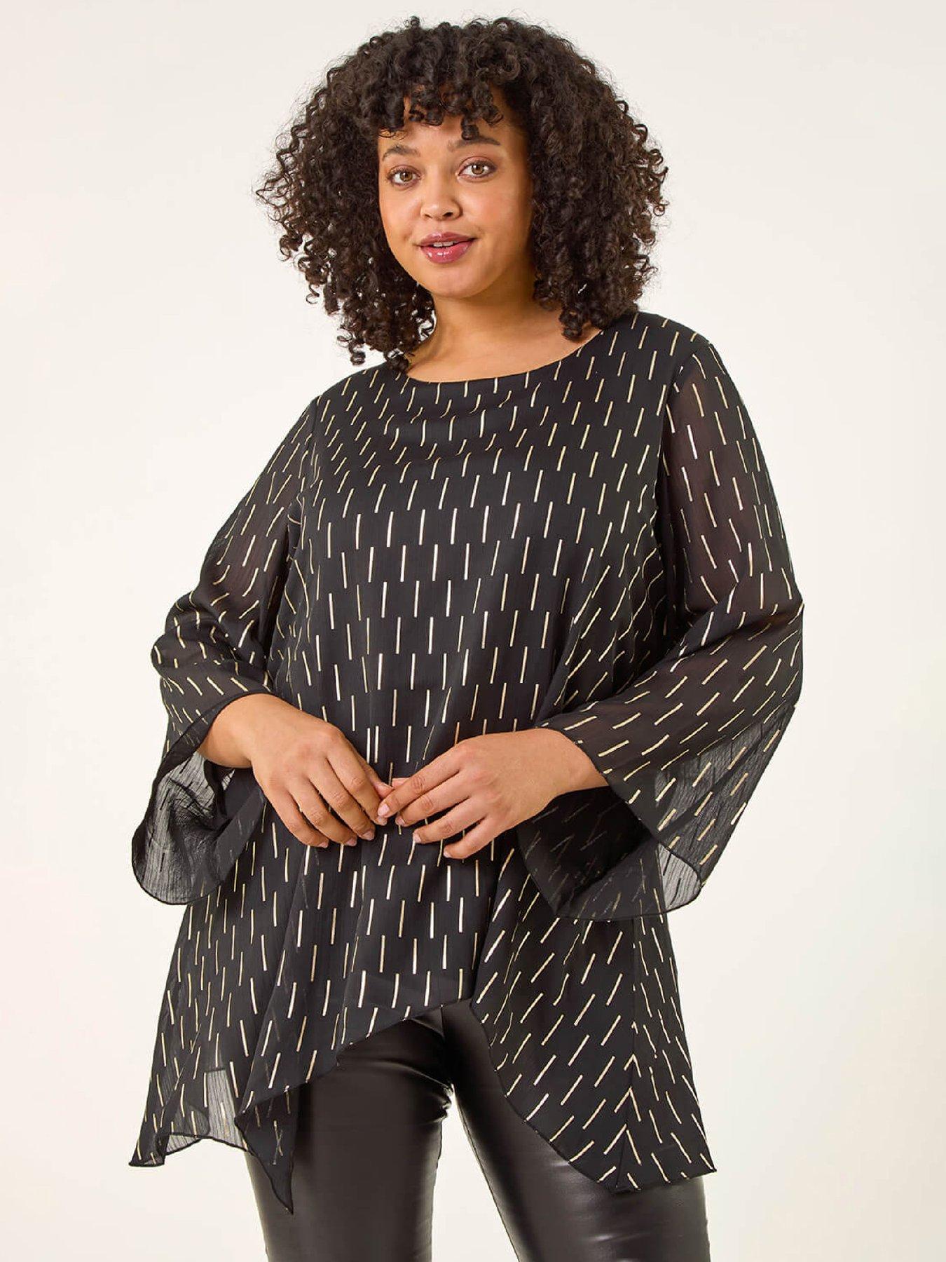 front image of roman-curve-chiffon-overlay-foil-top-black