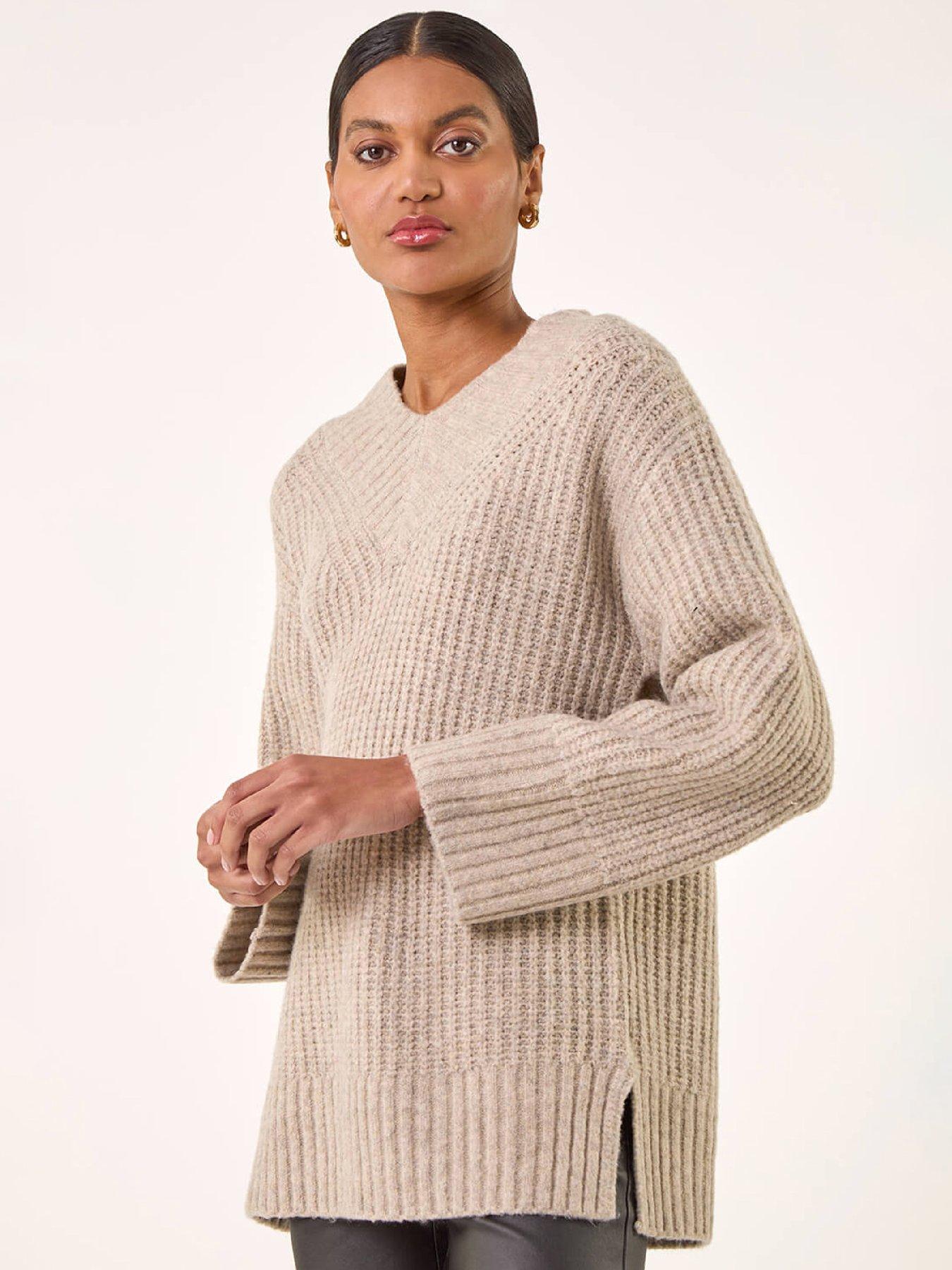  image of roman-chunky-v-neck-knit-jumper-beige