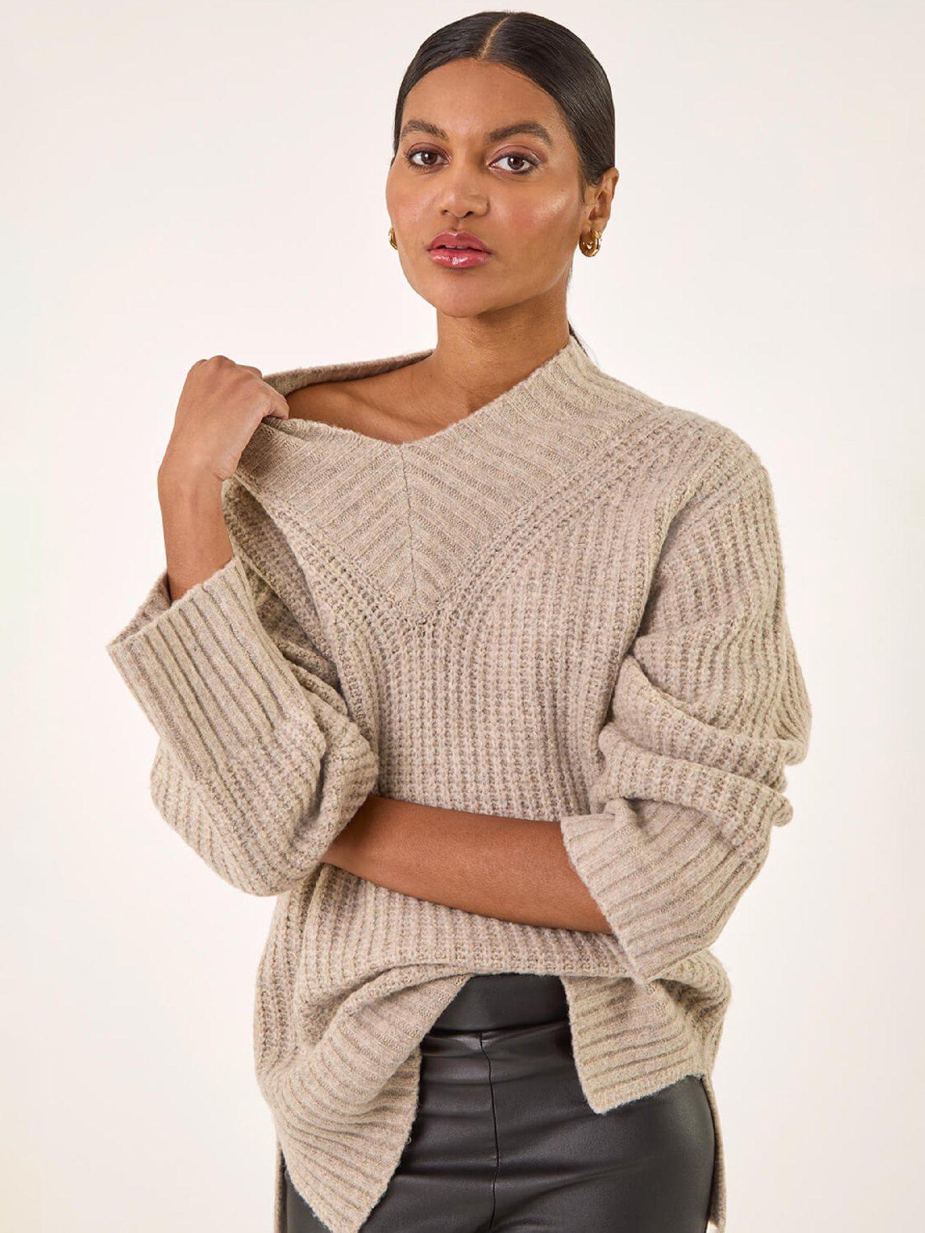  image of roman-chunky-v-neck-knit-jumper-beige