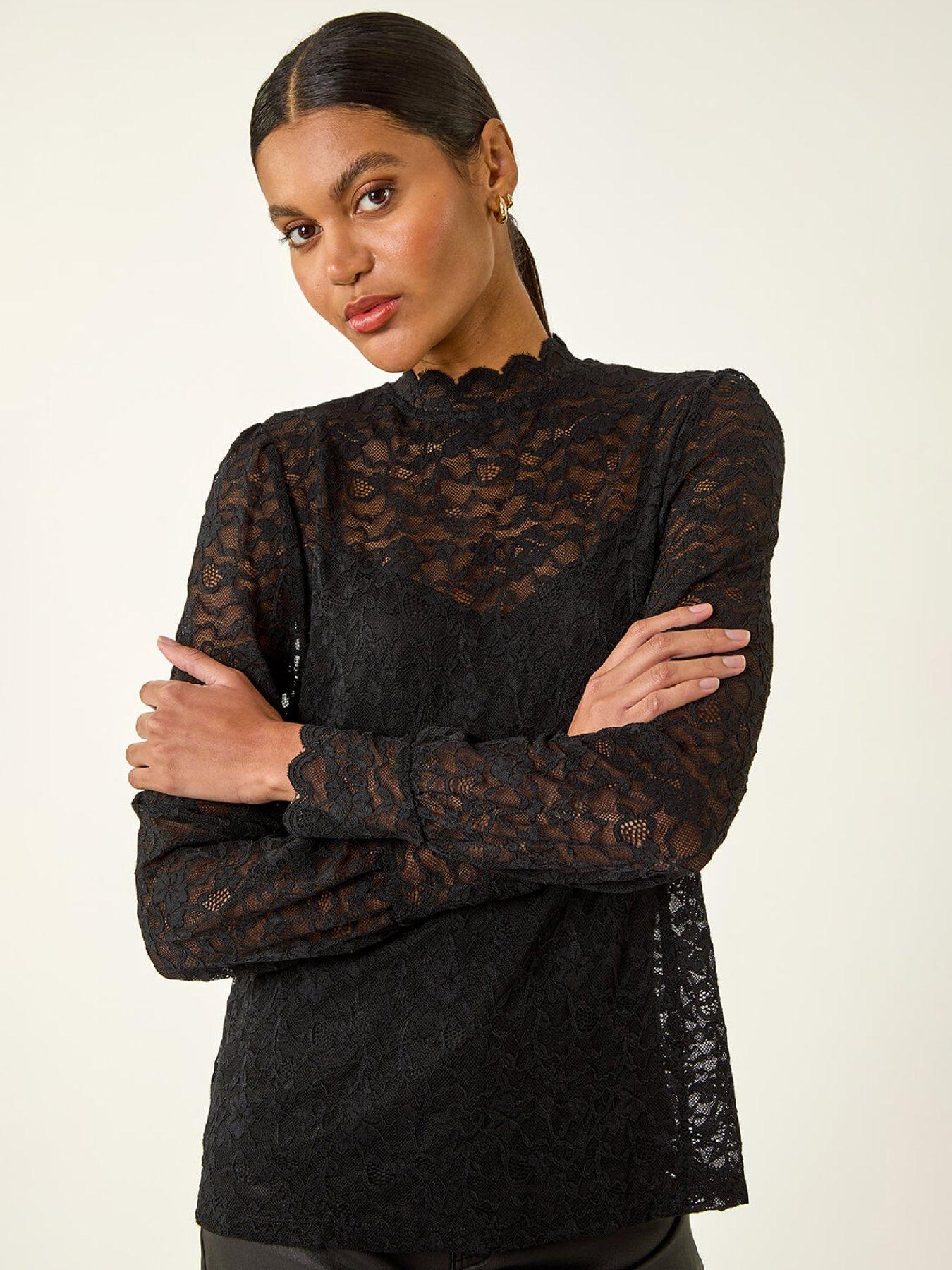 Image 1 of 5 of Roman Lace Frill High Neck Stretch Top - Black