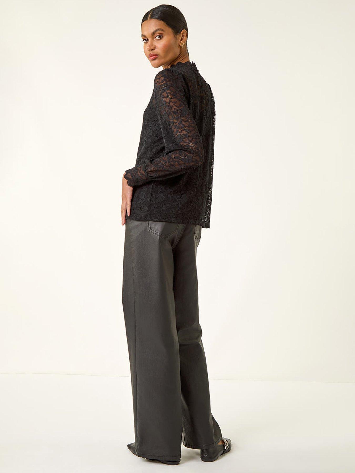Image 2 of 5 of Roman Lace Frill High Neck Stretch Top - Black