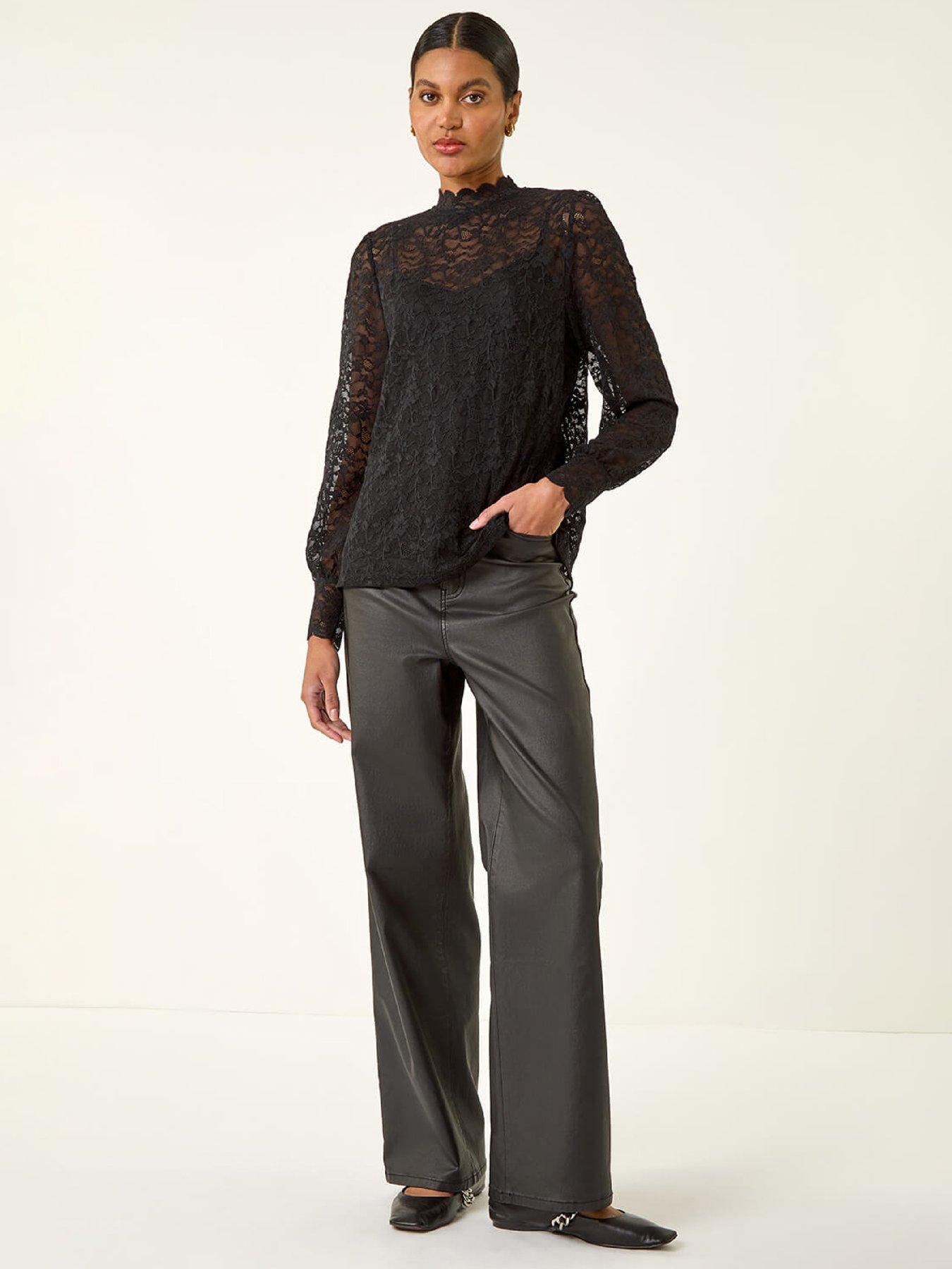 Image 3 of 5 of Roman Lace Frill High Neck Stretch Top - Black
